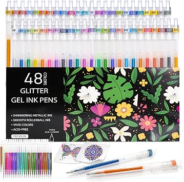 JIZHIYUAN Retractable Glitter Gel Pens, 48 Colors Sparkle Pens with Refills