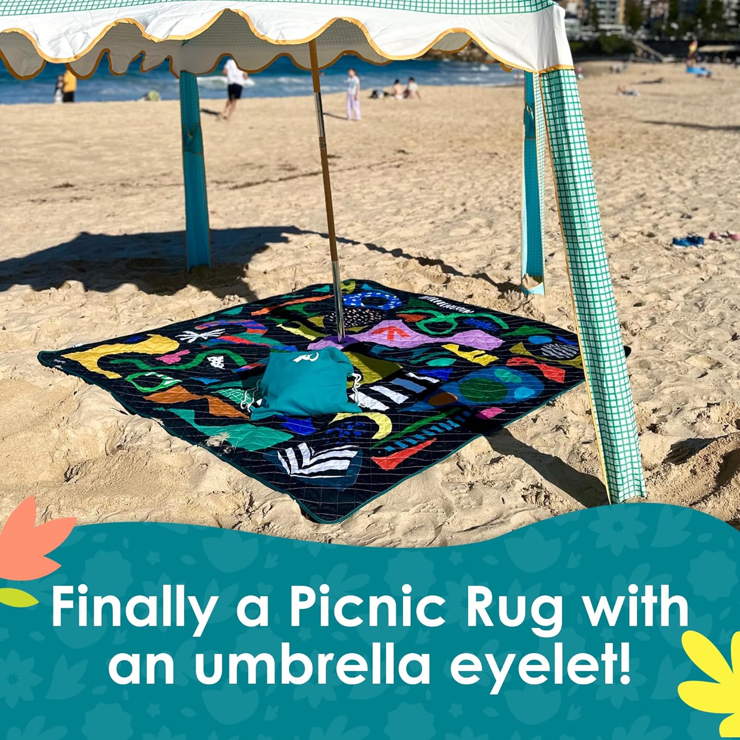Rudie Nudie Jumbo Beach Mat with Umbrella Hole, 6'7" x 6'7" Waterproof Sandproof Picnic Blanket, Large Foldable Sand Free Beach Blankets for Park, Outdoor Portable Picnic Mat for Grass, Sand & Lawn