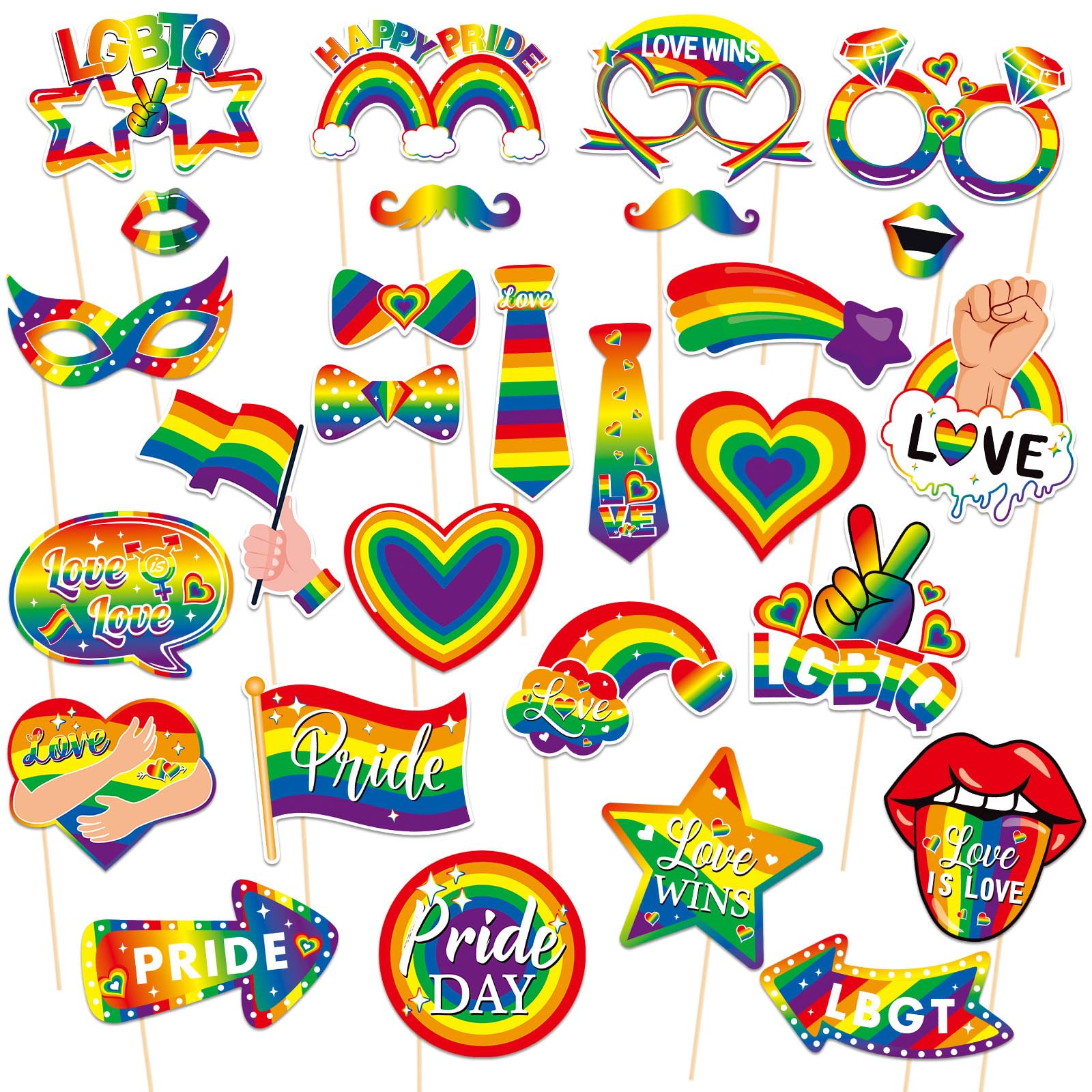 Yiwuran Multicolor 28 Pcs Pride Decorations Photo Props, Lgbtq Gay Pride Accessories Photo Booth Props, Pride Day Photo Props For Rainbow Party Parades Lgbtq+ Celebration Events Fancy Dress Costume Selfie