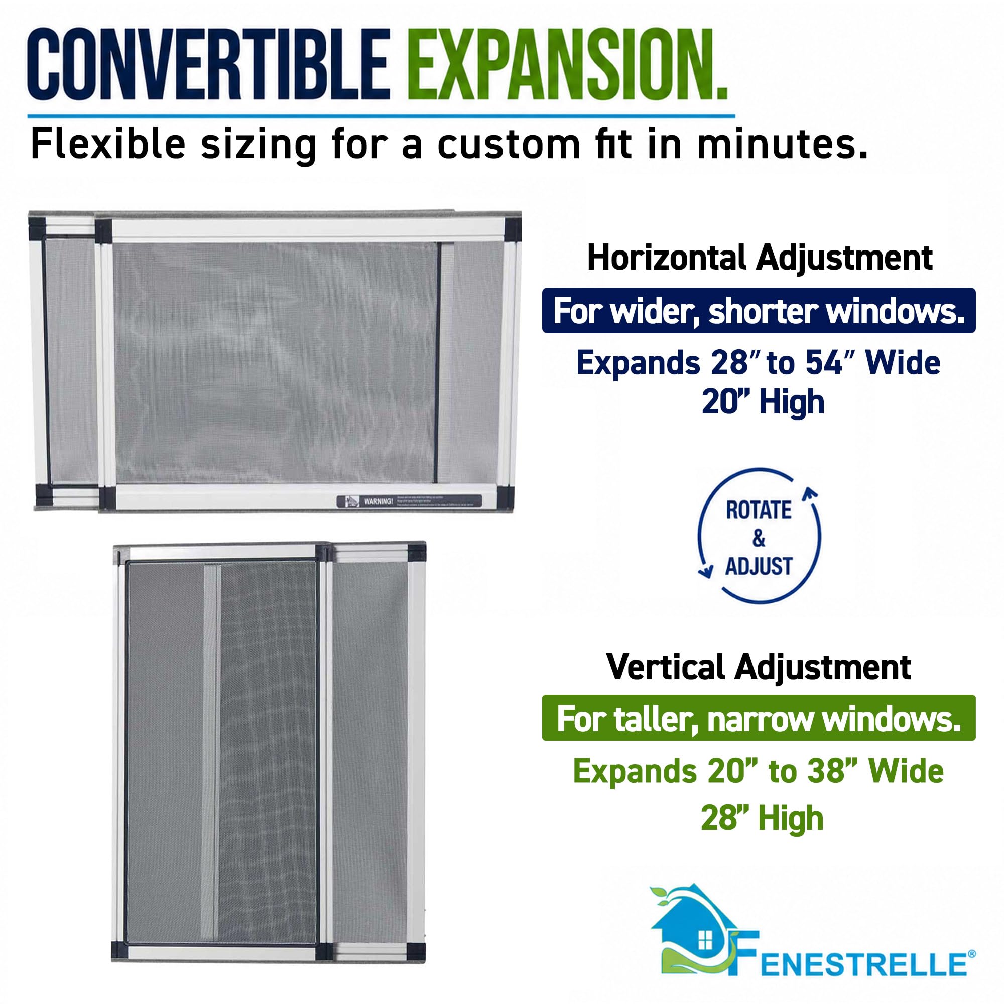 Fenestrelle Pantalla expansible para Ventana, Ajustable en 2 direcciones, Horizontal (20 Pulgadas de Alto x 28 a 54 Pulgadas de Ancho) o se Convierte en Vertical (28 Pulgadas de Alto x 20 a 38