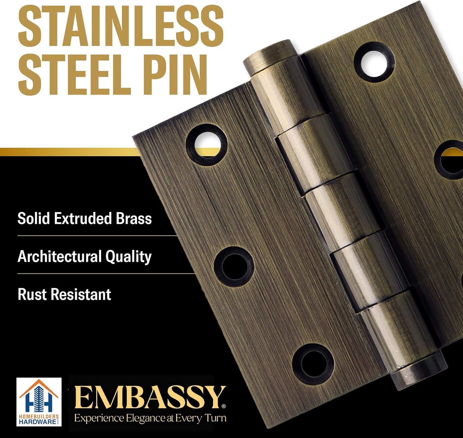 EMBASSY Door Hinge Solid Brass - 3 x 3 Inch, Heavy Duty, Antique Brass, Rust Resistant Pin, Architectural Designer Grade, Home Improvement, 2 Pack