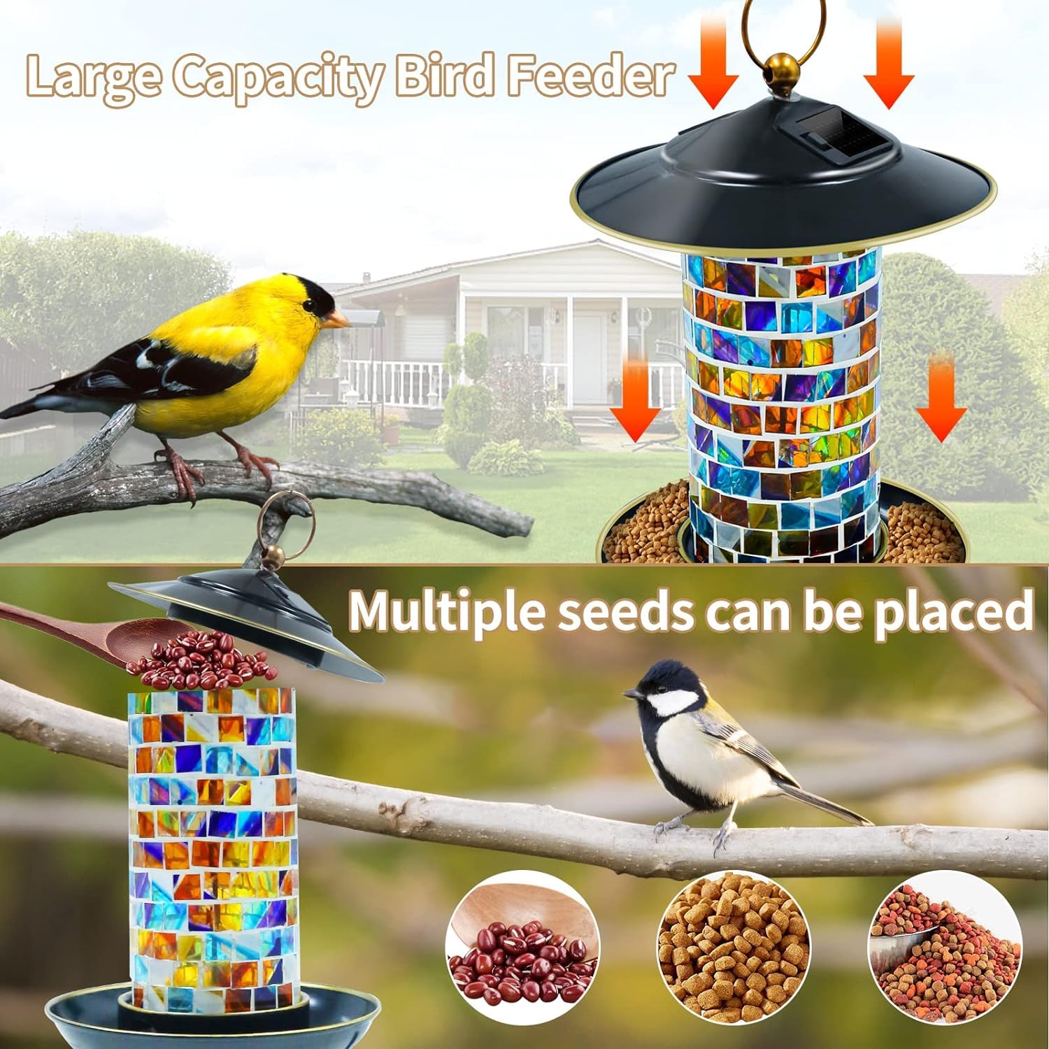 Comedero de Vidrio soplado a Mano con Mosaico, comederos para pájaros Salvajes de Gran Capacidad, comedero para pájaros Colgante de Metal para jardín (Colorido)