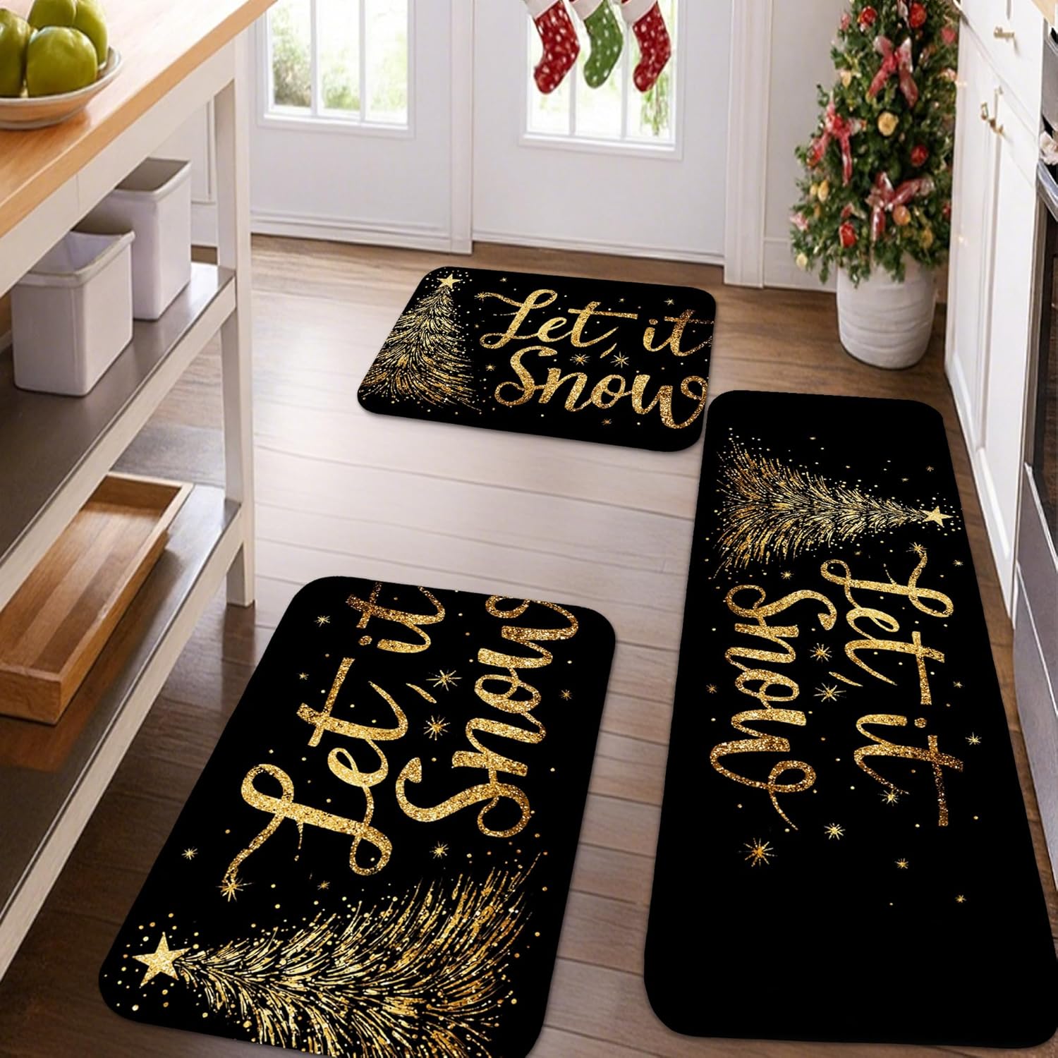 Christmas Kitchen Mats for Floor, Black Gold Tree Snow Cushioned Comfort Washable Non Slip Decor Rugs for Kitchen Sinks Laundryroom Bathroom 3pcs