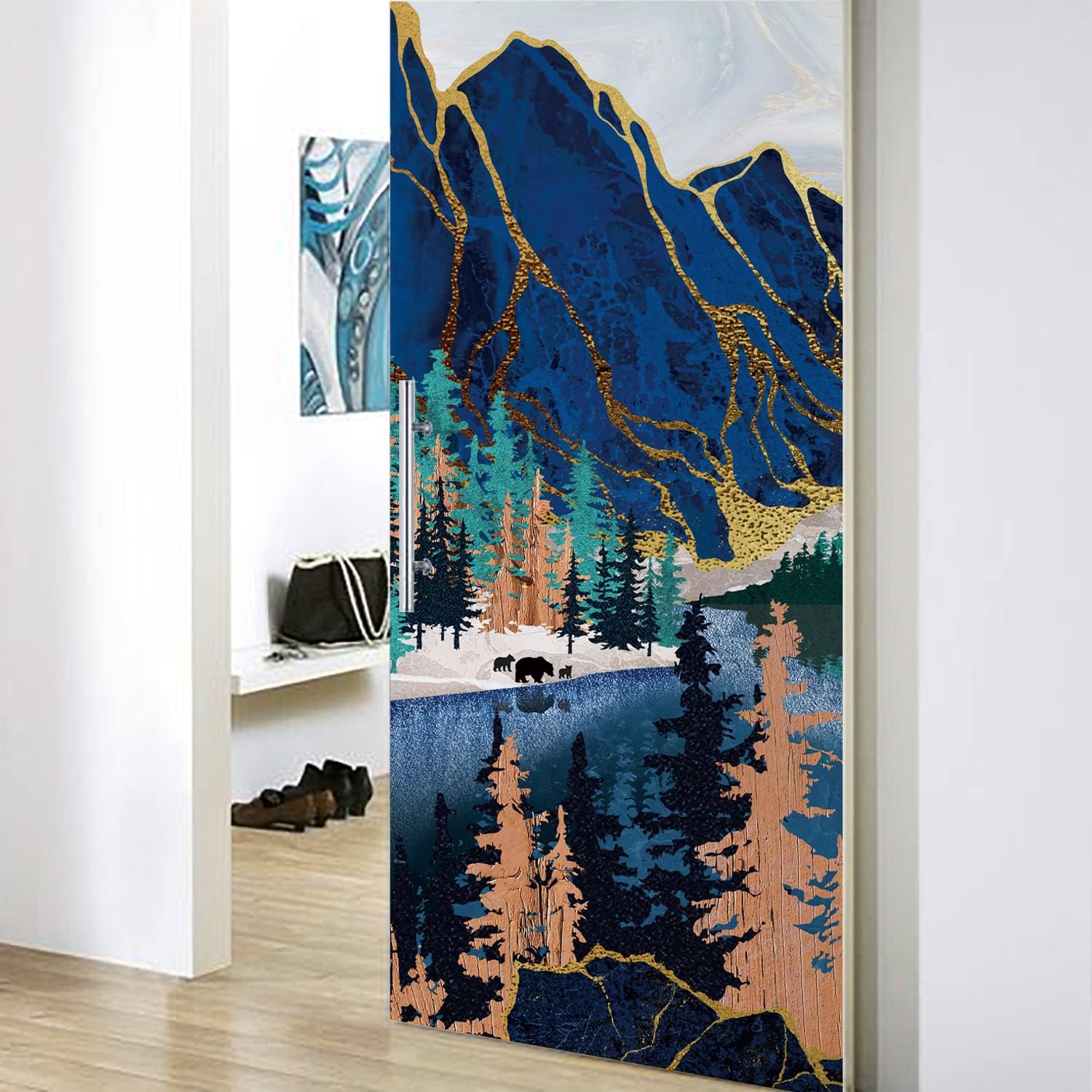Alwayspon 30x78.7inch Abstract Blue Mountains Marble Texture Door Mural, 2pcs PVC Vinyl Waterproof Removable Peel & Stick Door Decals for Bedroom, Living Room, Home Decor
