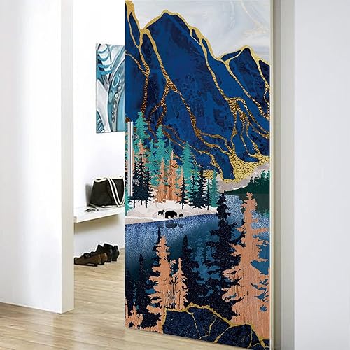 Miniatura 6 de Calcomanía original dibujada a mano para puerta de las montañas rocosas, despegar y pegar, estilo nórdico, mural de puerta de paisaje natural para