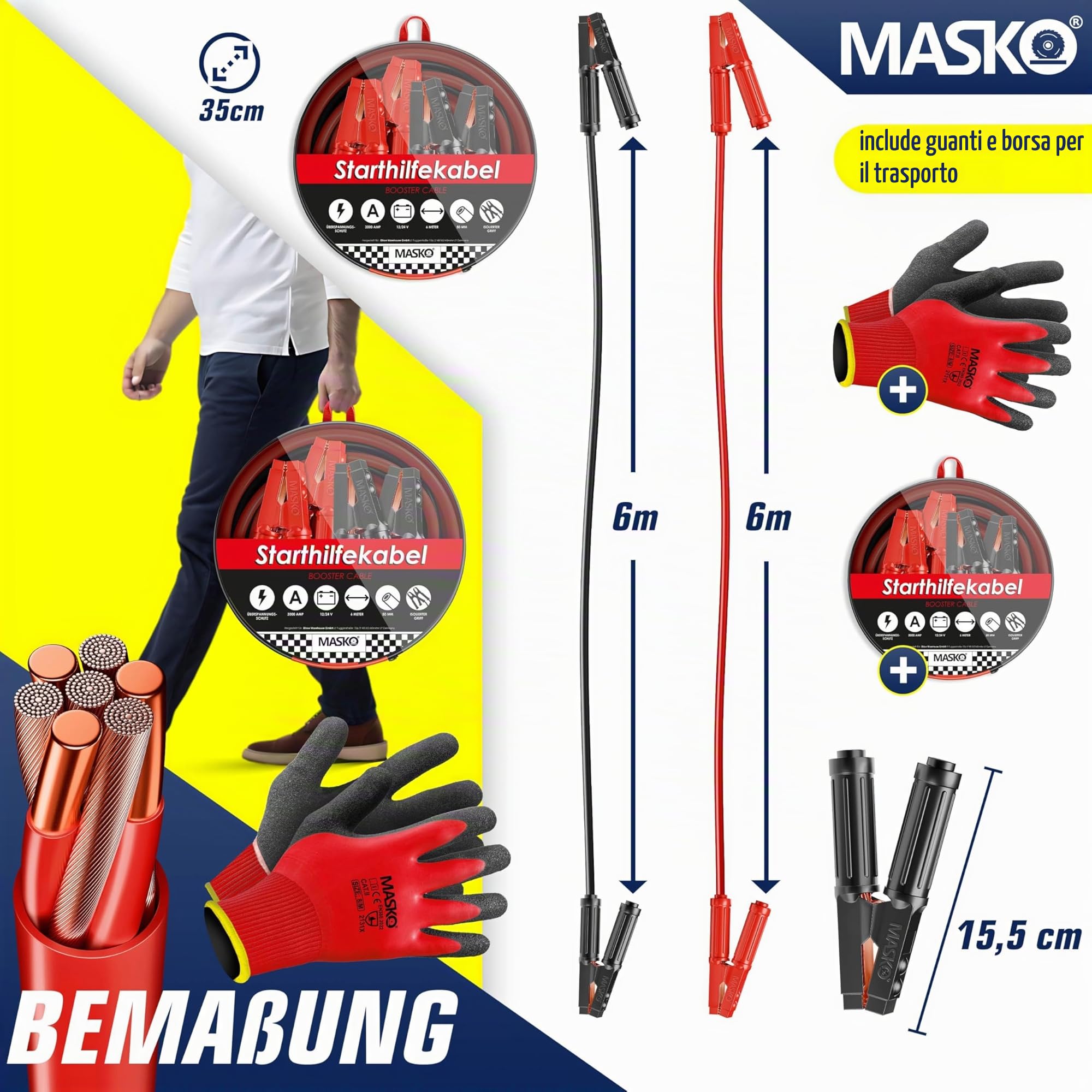 MASKO® - Cavo di avviamento per motori a benzina e diesel, 6/ 12/ 24 Volt, cavo di avviamento per auto e moto, in rame, con guanti e borsa per il trasporto, 2 cavi lunghi 6 m e spessi 50 mm² a 3000 A