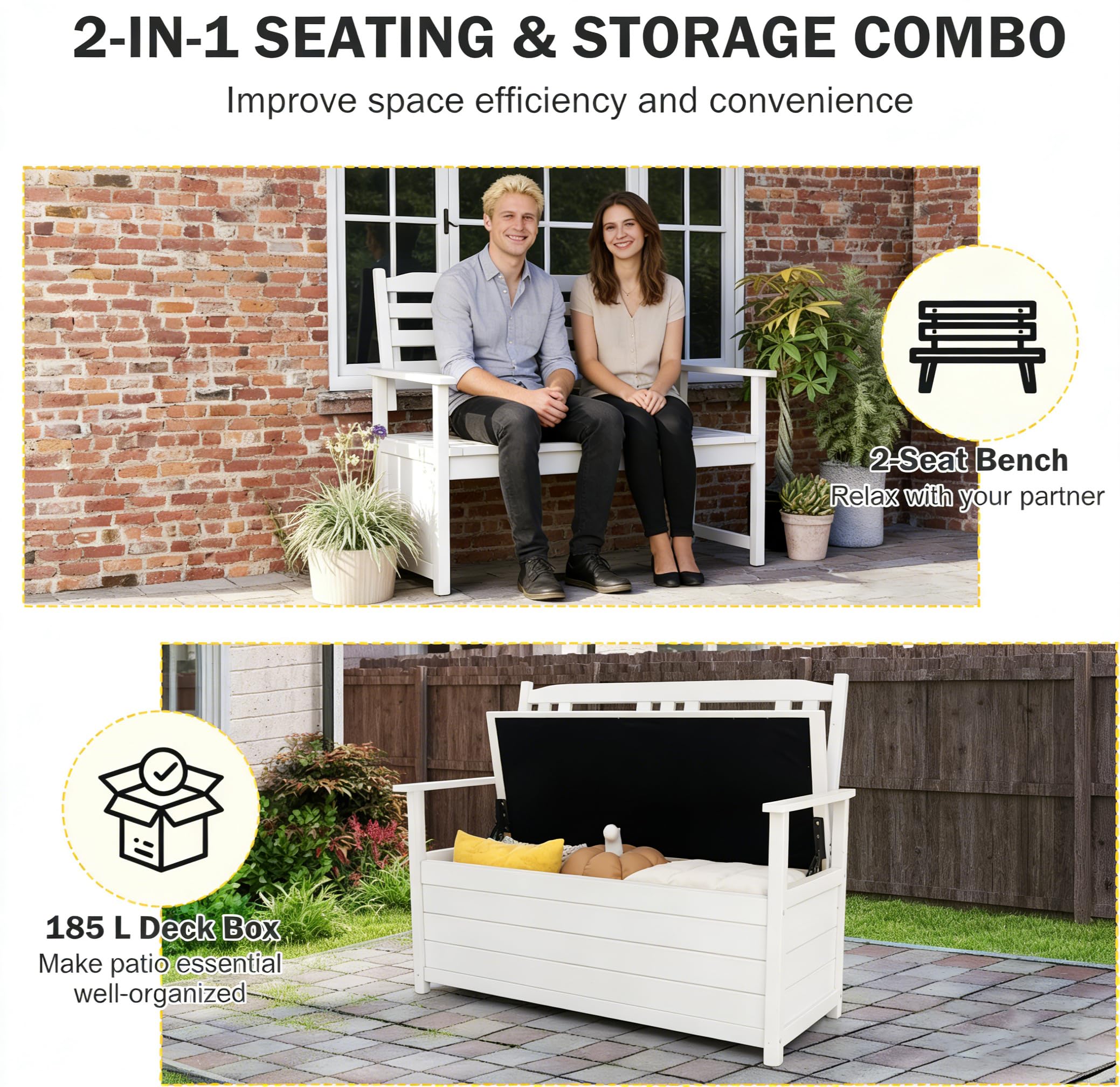 KOMFOTTEU Banco Arcón de Jardín de 2 Plazas, Banco Exterior de Madera Maciza con Almacenamiento 185 L, Baúl Contenedor con Reposabrazos y Respaldo, Carga 250 kg, 123 x 68,5 x 96 cm (Blanco)