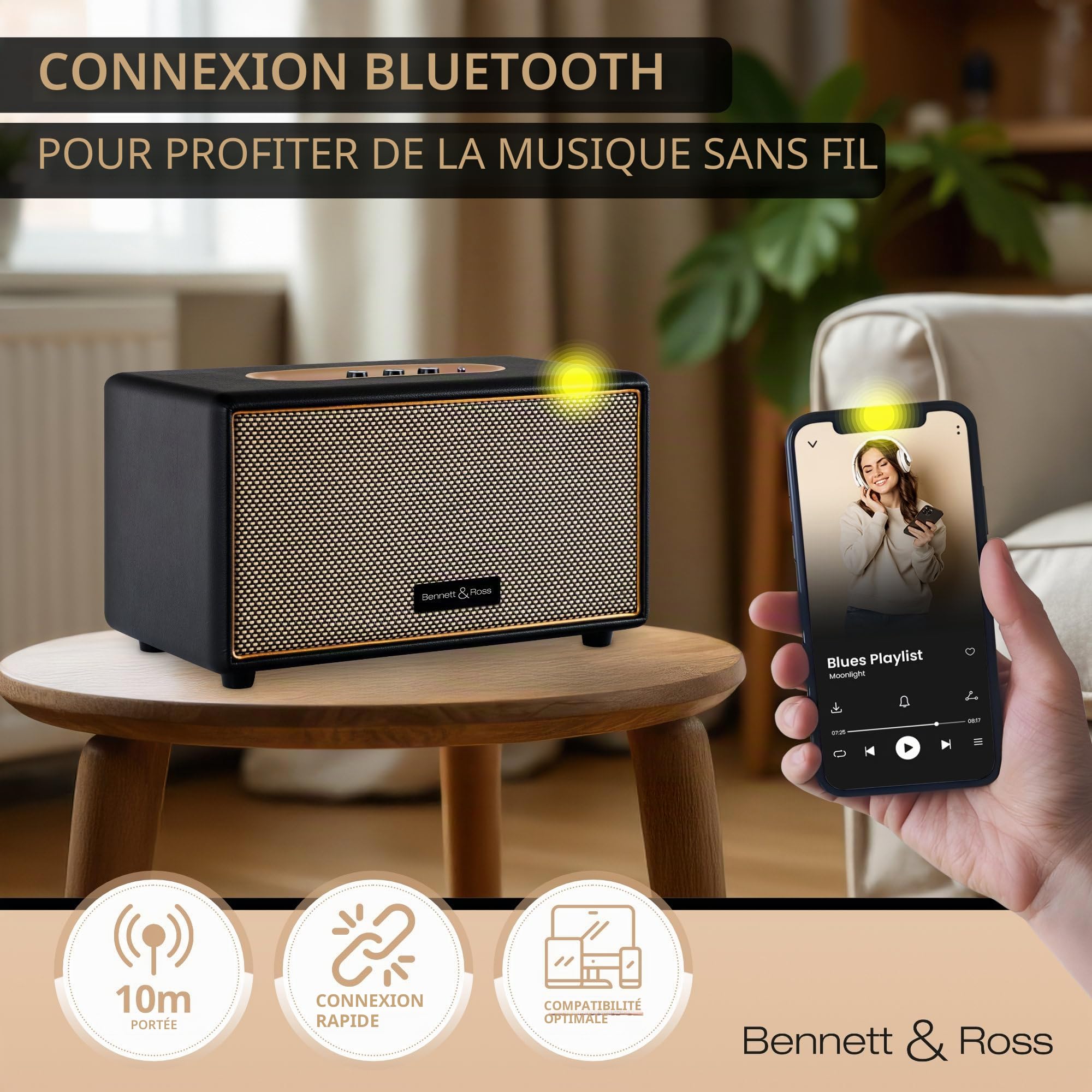 Bennett & Ross BB-860BK Blackmore Haut-Parleur Bluetooth rétro en Cuir - Haut-Parleur Vintage avec 2X 30W - Speaker Entrée USB avec Lecteur MP3 - Jack 3,5 mm avec aux-in - Enceinte en Noir