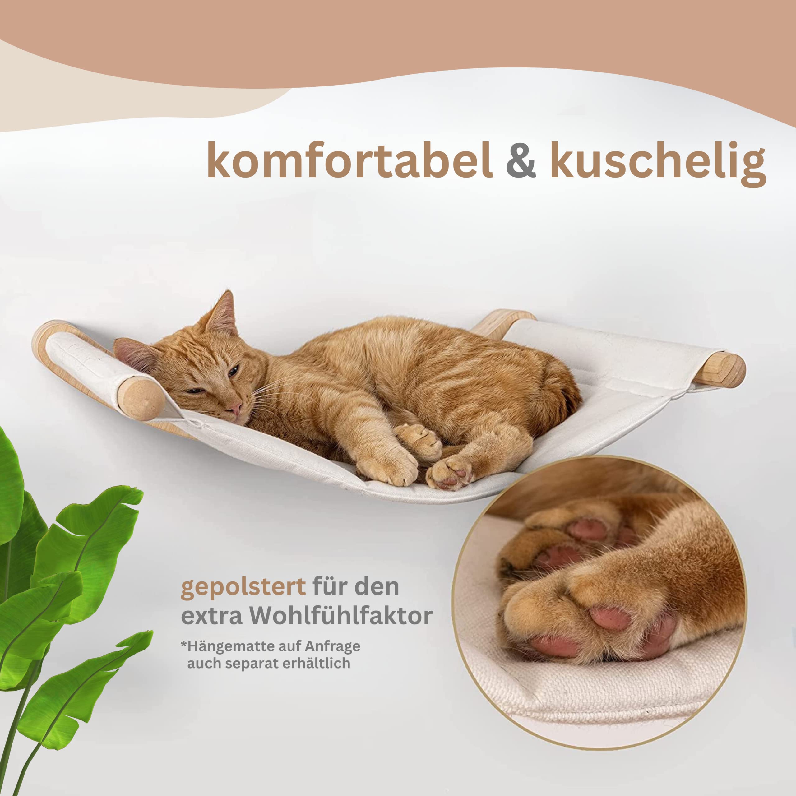 AZANO® Kletterwand Katzen | Katzenhängematte XL [Extra Stabil und Groß] mit Katzentreppe für die Wand | Katzenleiter mit Schlafplatz | Katzenbett zum Klettern aus Natur-Holz | 3-Teilig