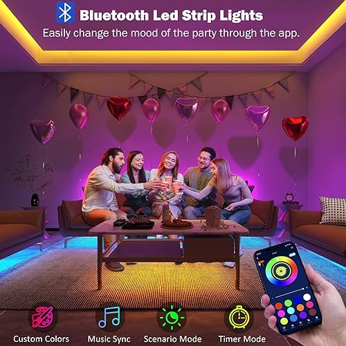 Vista 2 de Leeleberd - Tira de luces LED de 50 pies para dormitorio, luces LED RGB inteligentes con control de aplicación Bluetooth, cambio de color, control