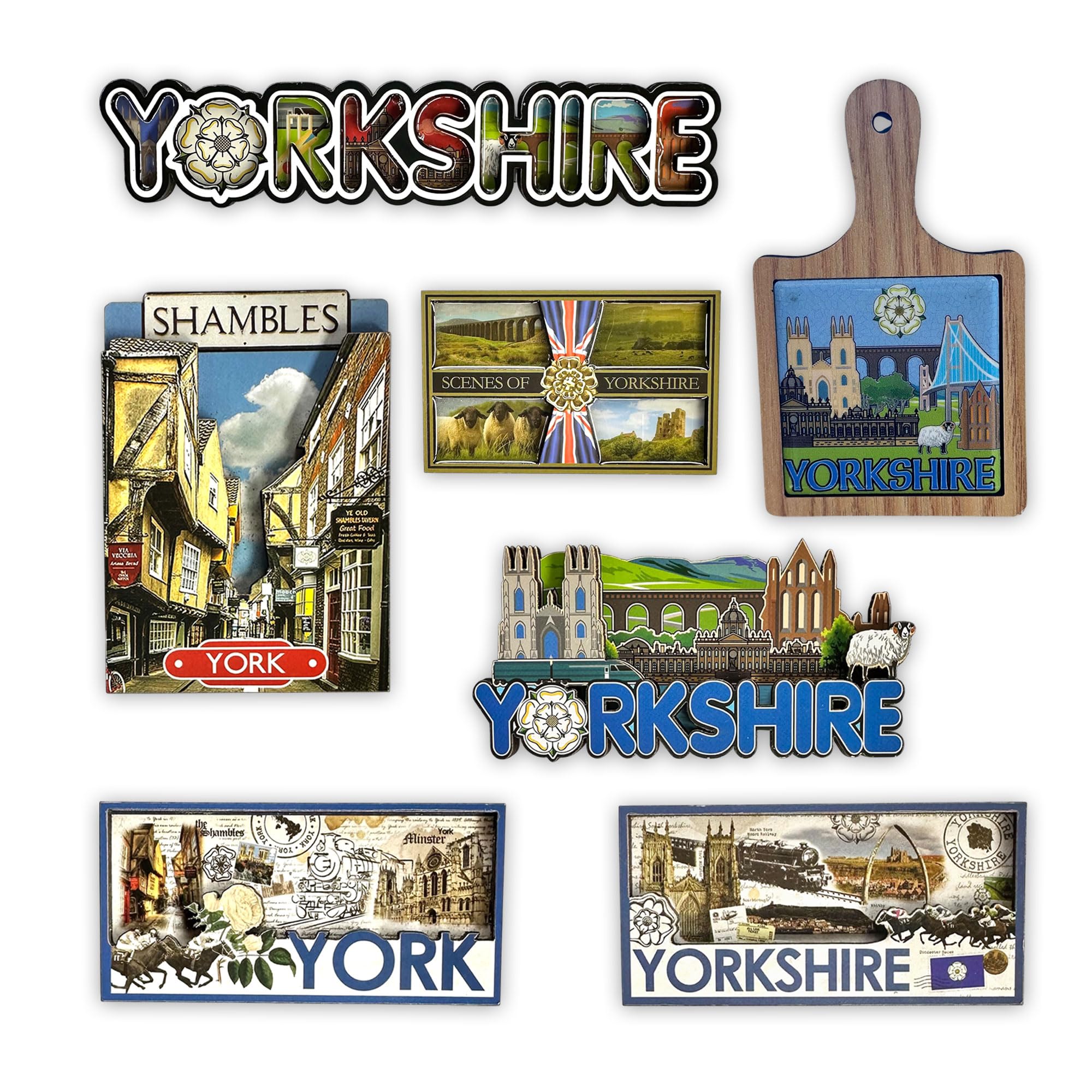 Lilaj Multicolor Yorkshire Wooden Fridge Magnets Set Of 6 – Souvenir Gift Featuring York Minster, Shambles, Whitby, Scarborough, Doncaster Races, York Attractions – England Travel Keepsake
