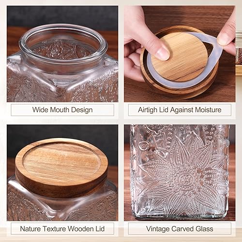 Miniatura 4 de Suclain 5 tarros de vidrio vintage de girasol con tapa de bambú de 172434 onzas, almacenamiento para cocina, encimera, despensa, harina de azúcar,