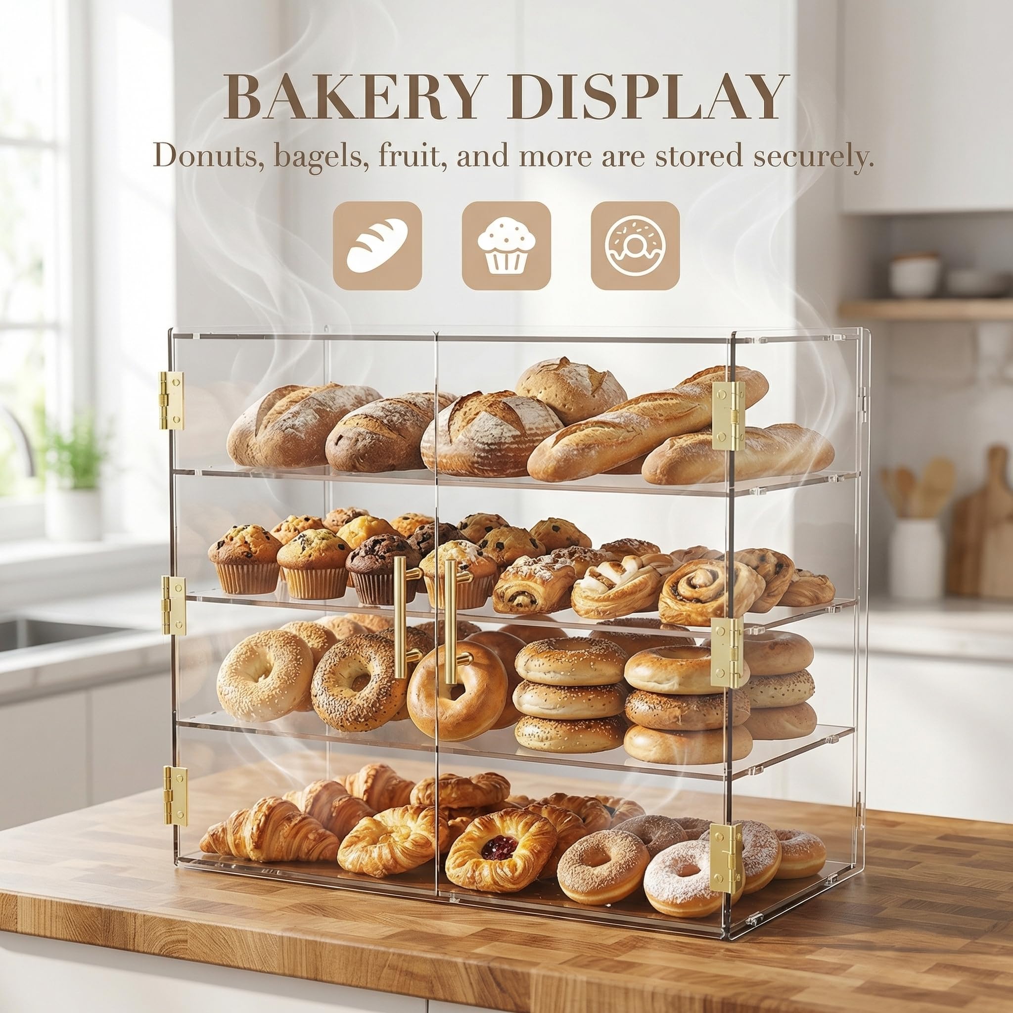 Vitrina de panadería de 4 niveles con puerta automática elástica, 19.5" x 19.69" x 10.3" caja de exhibición de acrílico transparente para repostería, vitrina de mostrador, gabinete de
