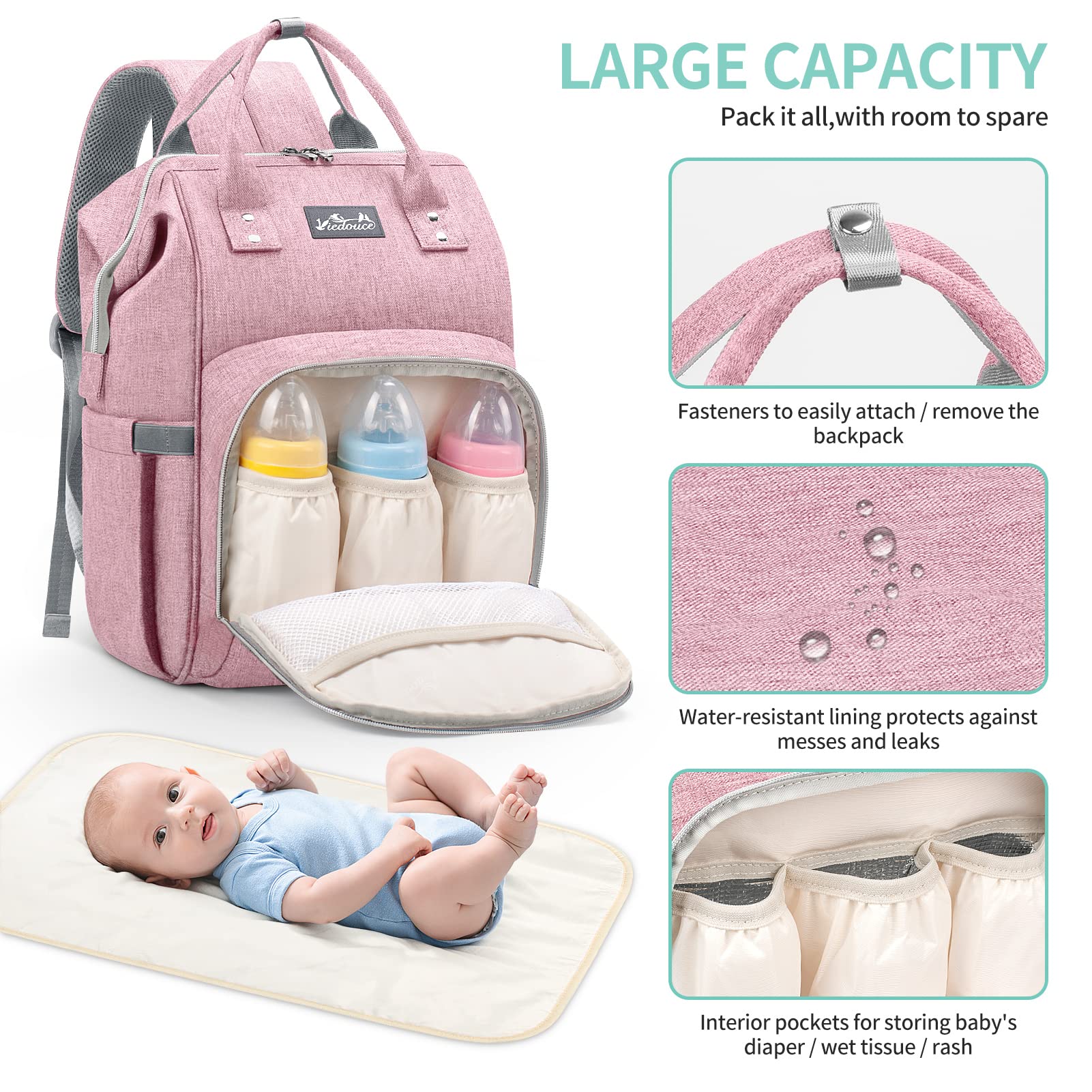 Viedouce Baby Wickelrucksack Wickeltasche Babytasche,Wasserdicht Oxford Große Kapazität für ausgehen,Multifunktional zum Rucksack mit 1 Stück Wickelauflage und 2 Kinderwagengurten