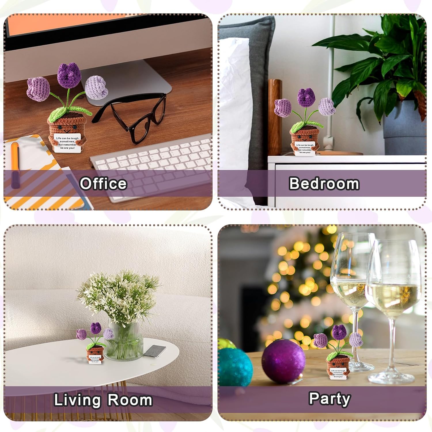 TOYMIS Positive Tulip, Soft Knitted Crochet Tulip with Encouragement Card Inspirational Positive Plant Crochet Flower Wool Doll Emotional Pot Plush Support Gifts for Men Women