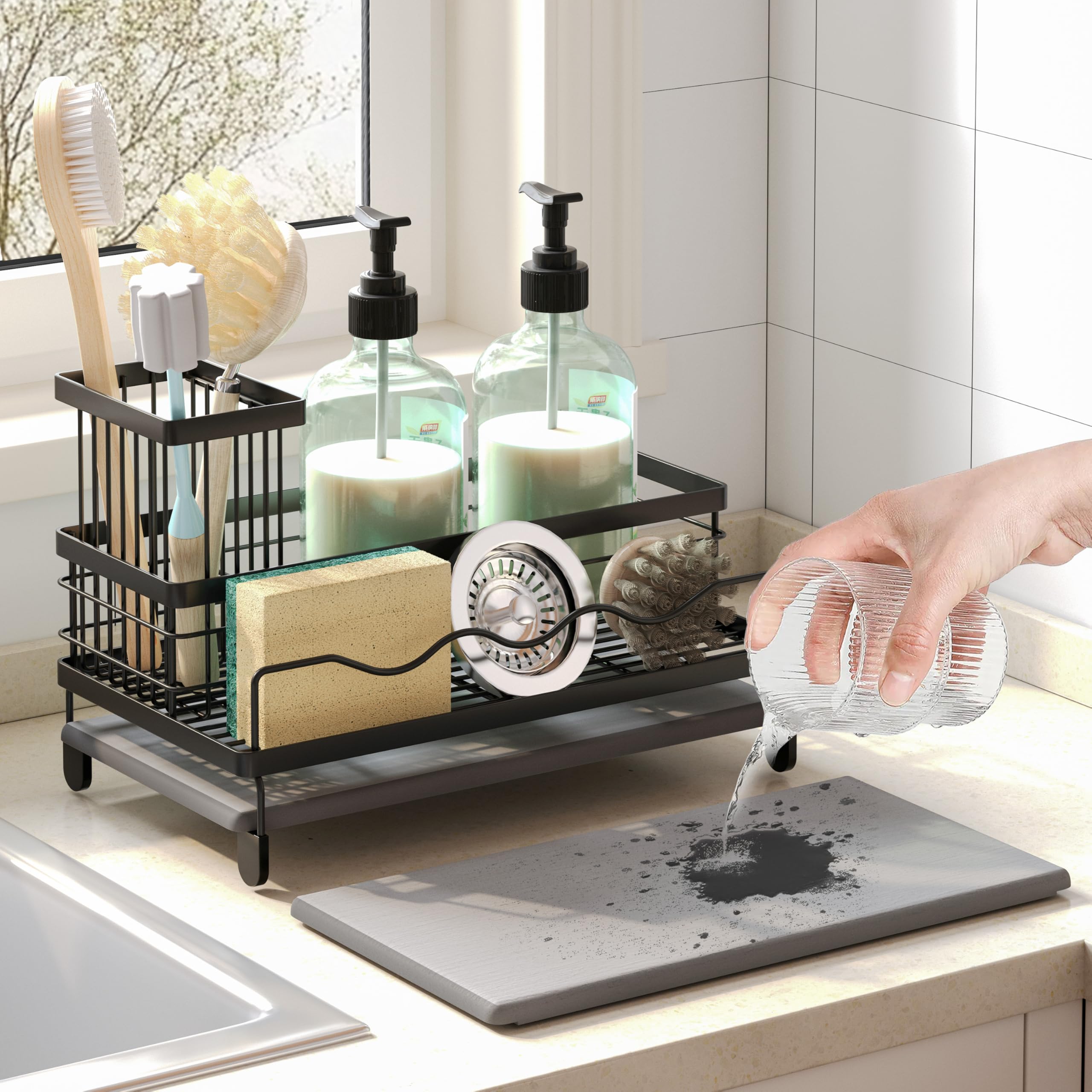 Sink Caddy Kitchen Sink Organizer with Sponge Holder and Stone Drying Mat Quick Drying Stainless Steel Kitchen Caddy