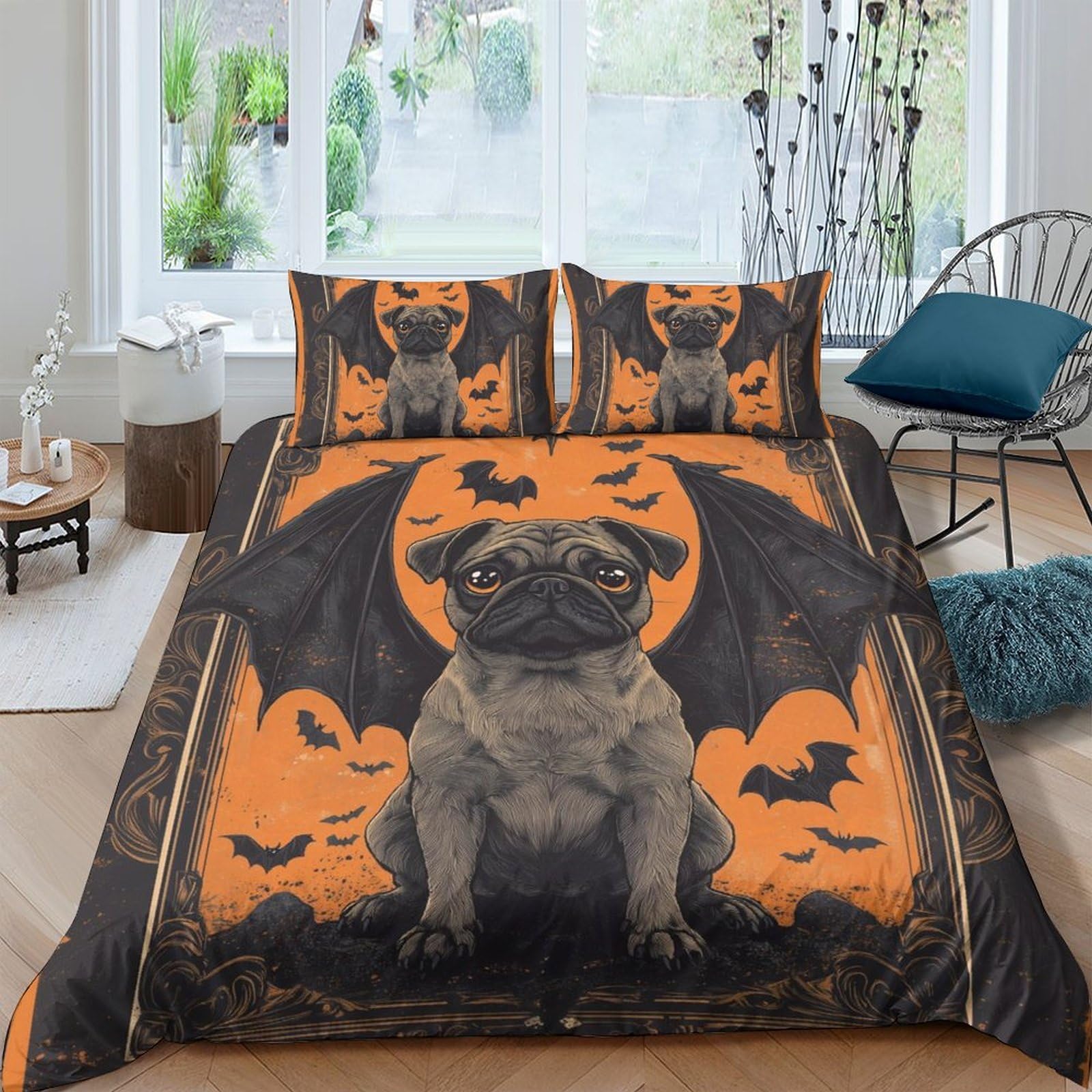 GPLZQXKJNH 3D Printed Halloween Pug Bat Duvet Cover Microfiber Soft Breathable Orange Black Quilt Cover with 2 Pillowcases for Bedroom Home Decor Single（135x200cm）