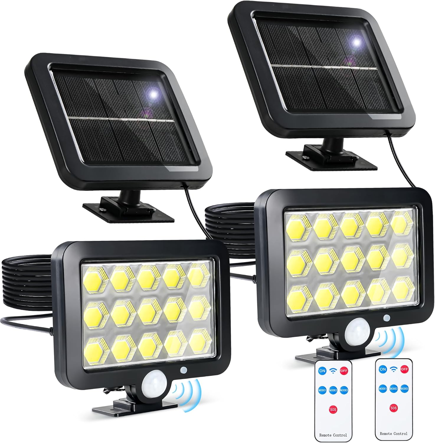 Solar Motion Lights Outdoor, 3000LM 195LED Security Flood Lights with Remote Control & 16.4ft Cable, IP65 Waterproof Solar Motion Sensor Lights for Porch Patio Yard Garage, 2 Pack