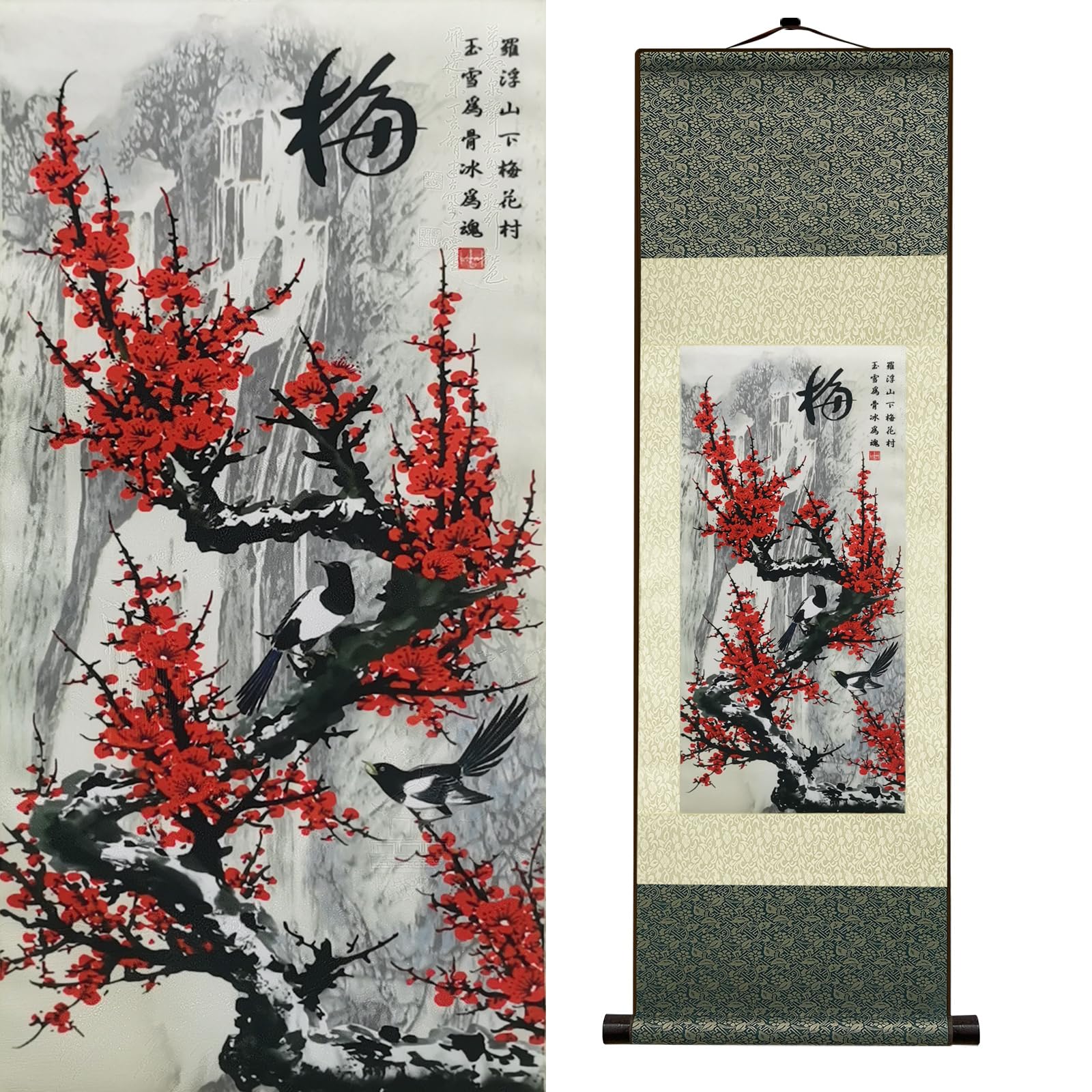Newscz Bedroom Wall Art Silk Scroll Wall Painting Four Gentlemen Wall Tapestry Living Room Asian Chinese Art Wall House Decoration for Living Room Home Lounge Decor 36 by 12 in(Chinese plum)