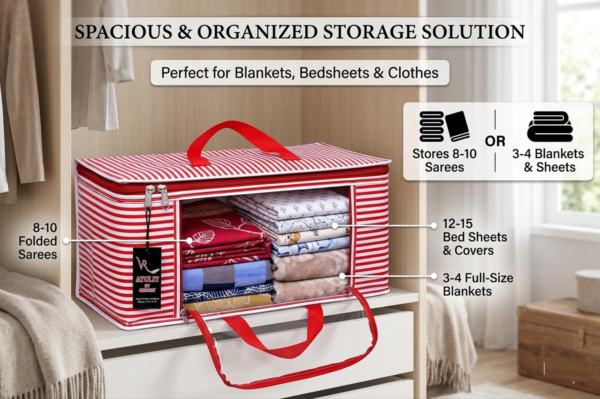 Clothes Storage Bags with Zipper β Pack of 1 | Large Foldable Underbed Storage Bag | Moisture Proof Wardrobe Organiser for Saree Blanket Bedsheet Lehenga | Dustproof Cloth Organiser with Handle 2