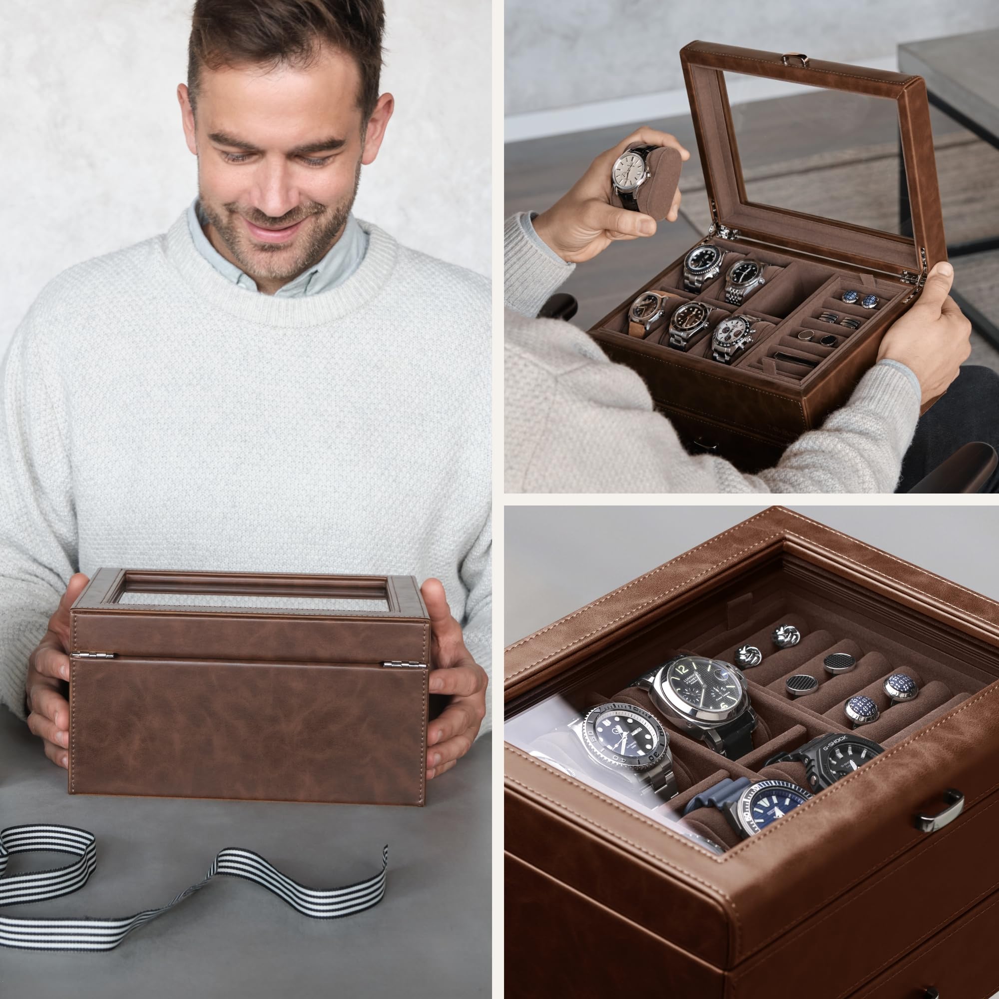 TAWBURY Estuche de Cuero Vegano para 6 Relojes y Joyería para Hombre - Organizador y Caja de Almacenamiento