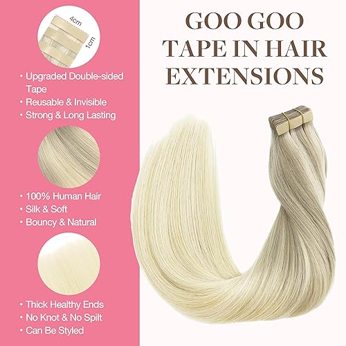 Miniatura 2 de GOO GOO - Extensiones de cabello rubio con cinta adhesiva de 24 pulgadas, balayage, rubio ceniza a rubio dorado y rubio platino, extensiones de