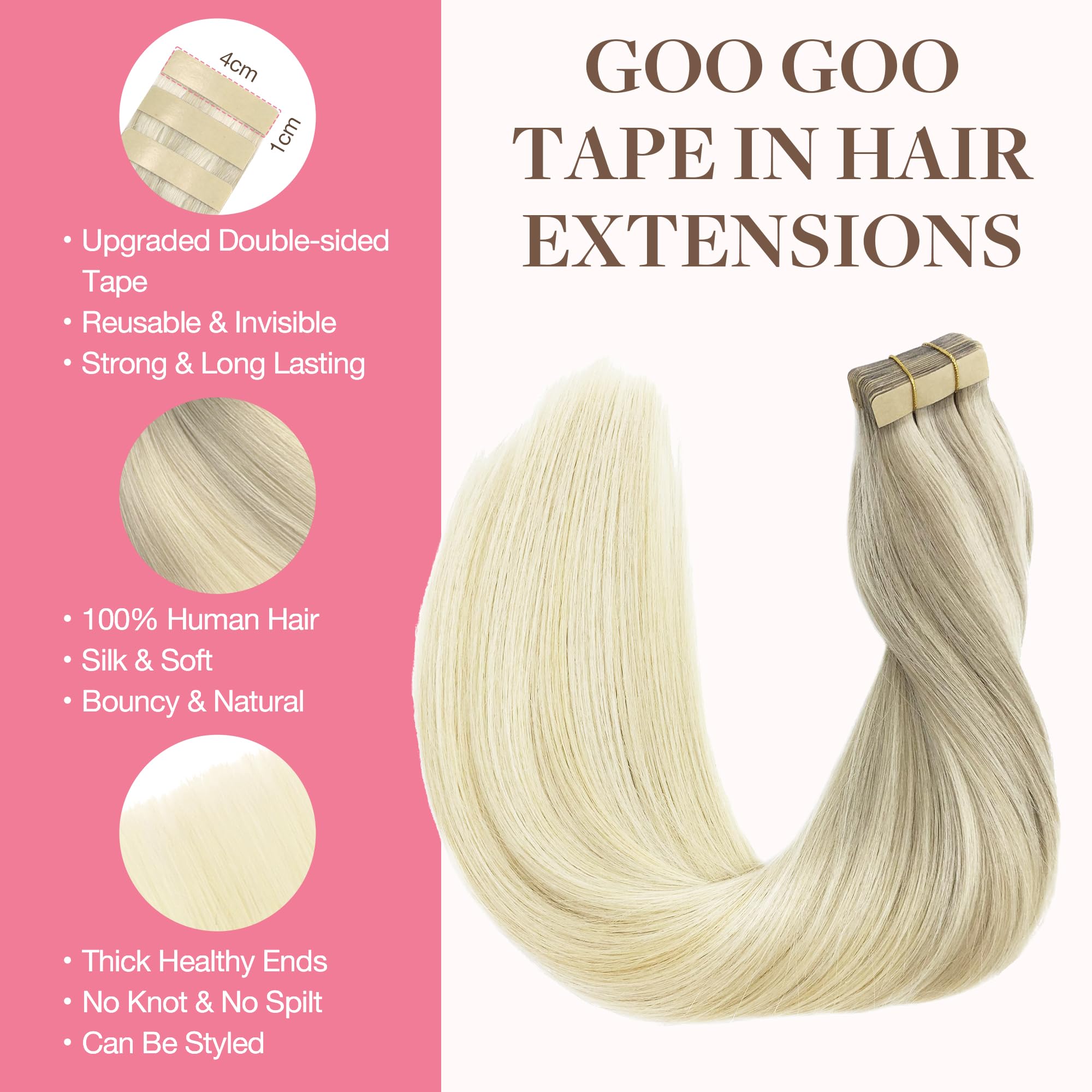 GOO GOO Tape in Hair Extensions Human Hair, 20inch 30g 10pcs, Real Remy Hair Extensions Seamless Straight Tape in - Image 4