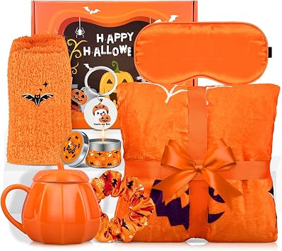Boo Basket Stuffers for Women, Halloween Gifts Basket with 60x50 Inch Cute Ghost Flannel Blanket Pumpkin Mug Spooky Halloween Stuffers for Girls Her Teens Girlfriend Orange
