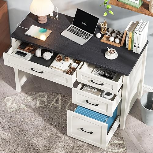 Miniatura 5 de Vabches Farmhouse - Escritorio ejecutivo de 47 pulgadas, escritorio para computadora con cajón de archivos y estación de carga, estación de trabajo