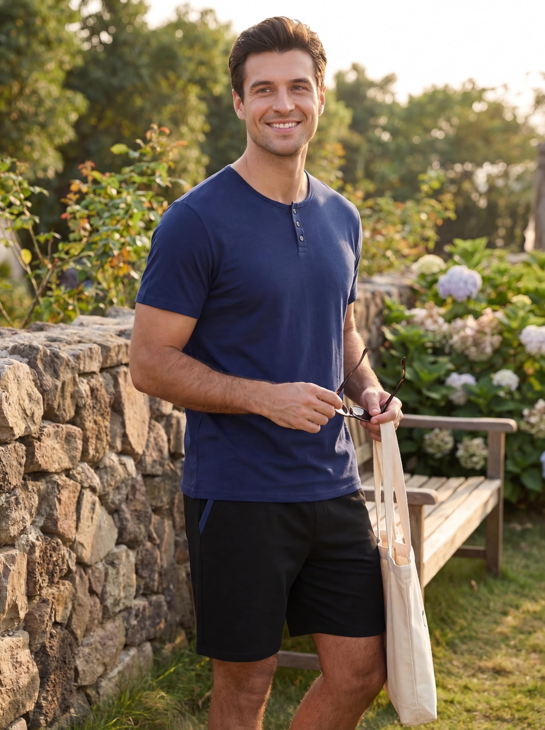Aseniza Pijamas Hombre Verano Algodón Conjunto Corto Shorty Ropa de Dormir Hombre Cuello Redondo con Botones M-XXL