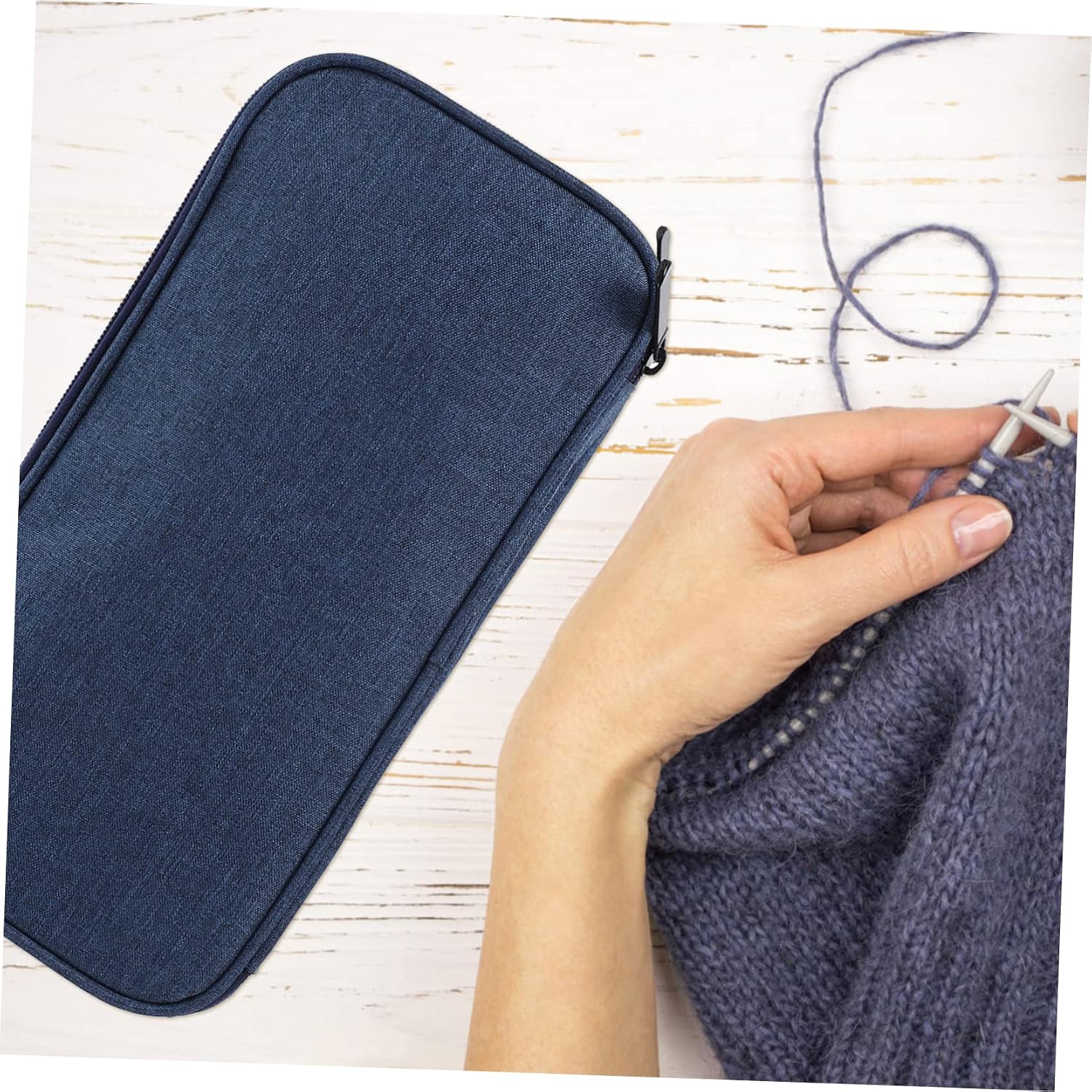 jojofuny 600D Oxford Fabric Knitting Needles Case Organizer Bag for Crochet Hooks Portable Storage Pouch Zipper Dark Blue for Yarn and Accessories