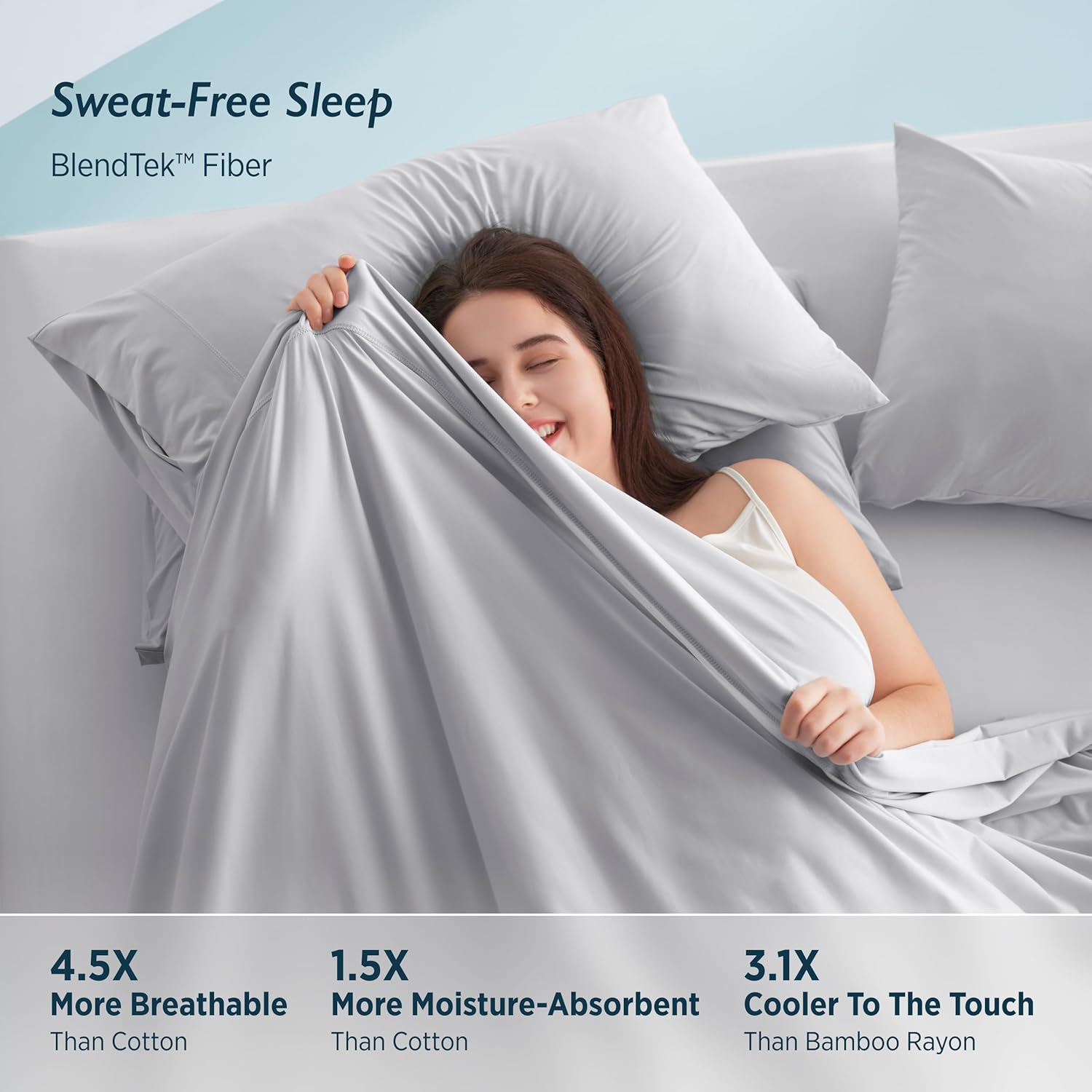 Breescape Cooling Sheet Set King Size - BlendTek™ Dry & Cool Technology for Hot Sleepers and Night Sweats, Q-Max>0.46 Tech, Deep Pocket Up to 18", 360° Elastic Band, Misty Gray - Image 8