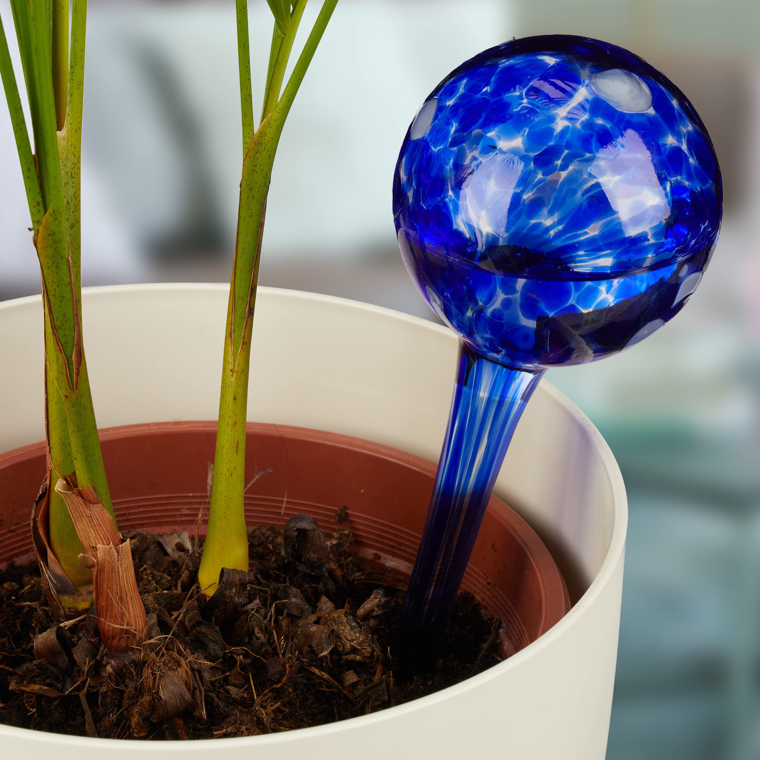 relaxdays 2 Globos de Riego, Dispensadores Agua Maceta, Regadores Automáticos, Autoriego, Cristal, Ø 9 cm, Azul