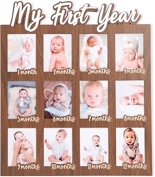 MADENG My First Year Photo Frame - 12 Months Photos Decoration, Newborns First Twelve Months Photo Collage, One Year Birthday Monthly Milestone, 1st Nursery Photo Collage Display Board