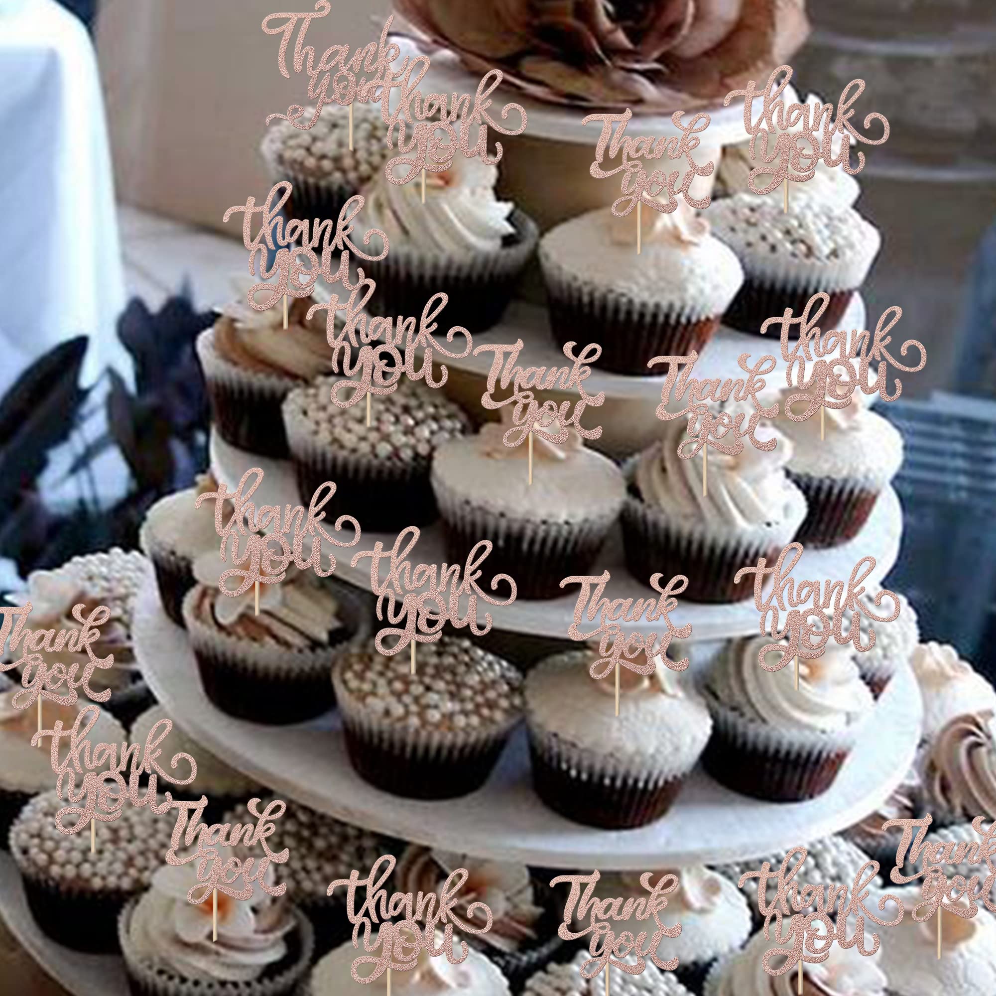 24 Pack Rose Gold Glitter Happy Birthday Cupcake Toppers - Pre-Assembled Food Picks For Party Decor
