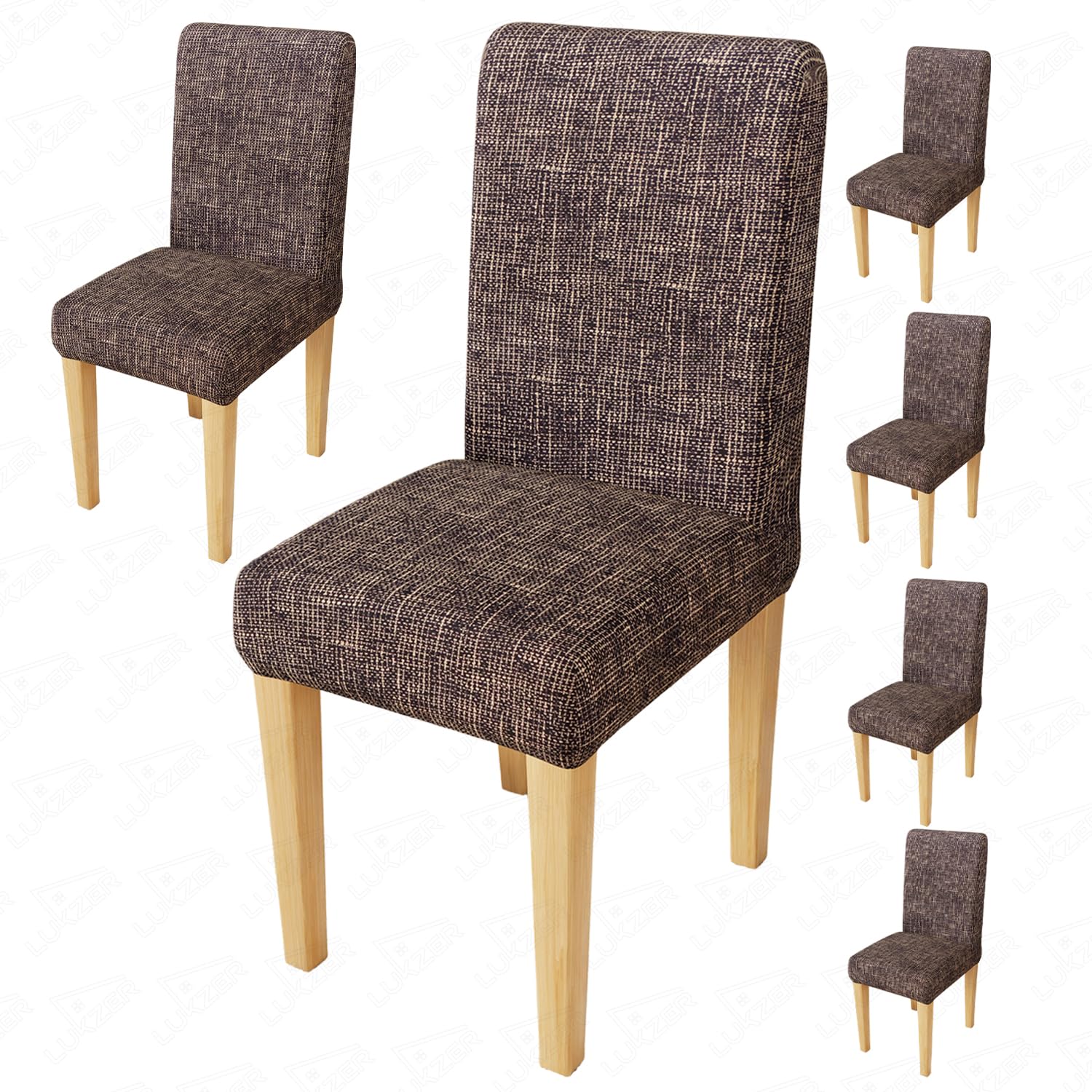 Lukzer 6PC's Brown Lining Design Stretchable Dining Chair Cover | Universal Fit Removable Washable Slipcover | 140 GSM Polyester Spandex | Elastic Protective Cover for Home & Hotel Chairs (CC-024-06)-image-3