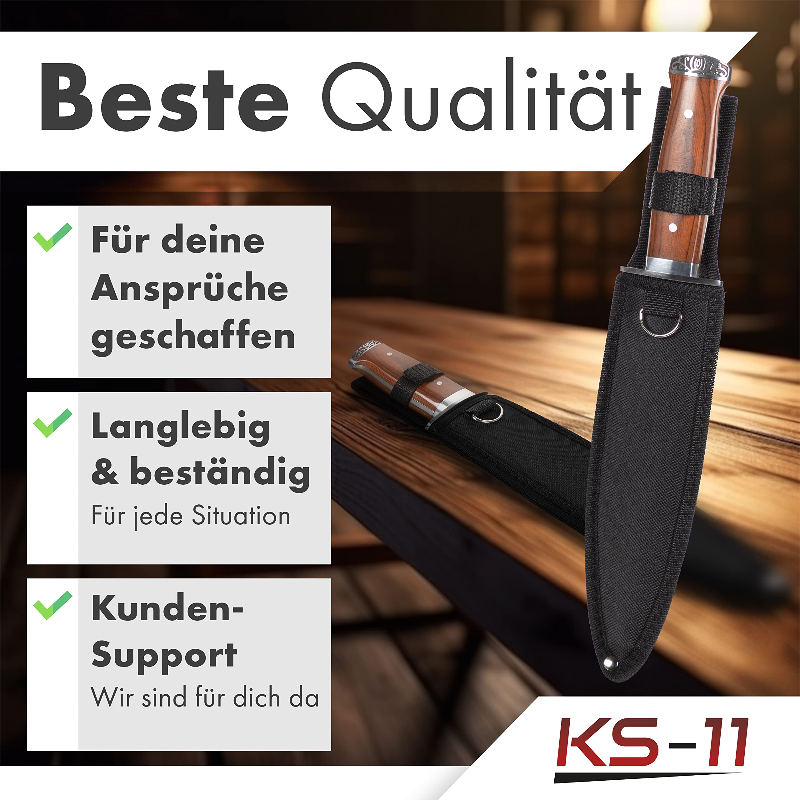 2er Set Outdoor Messer feststehend 33cm großes Jagdmesser mit Holzgriff und Nylonholster - Survival Messer Outdoor Dolch – bushcraft Knife - Bowiemesser - USA Sabber