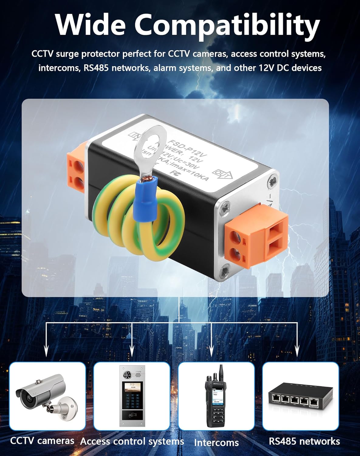 CERRXIAN DC12V Surge Protector 10kA Lightning Arrestor for Security Cameras, CCTV Systems, RS485 & Low Voltage Equipment