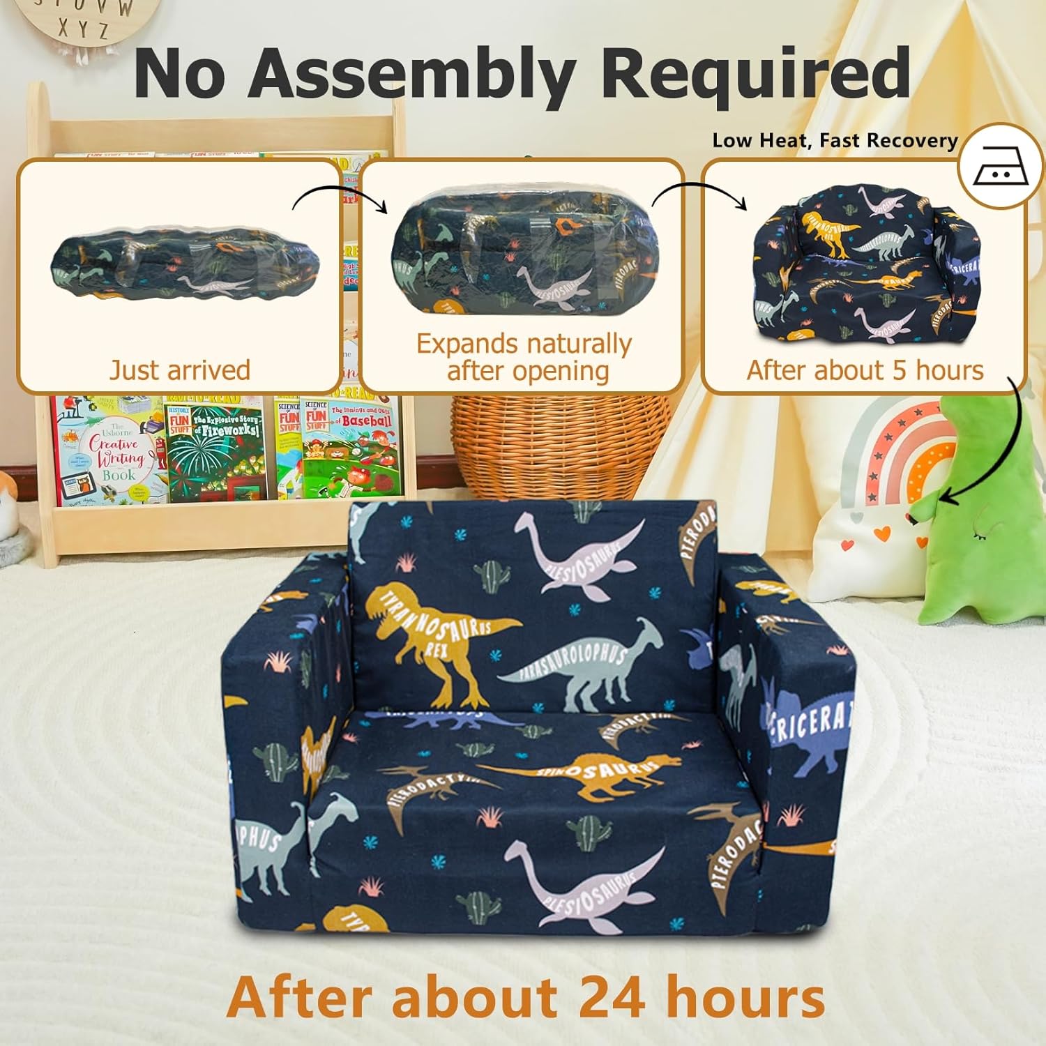 Kids Couch, 2-in-1 Kids Fold Out Couch, Convertible Kid Sofa to Lounger for Girls and Boys, Soft Toddler Chairs Comfy 1-3 Years Old (Dinosaur) - Image 3