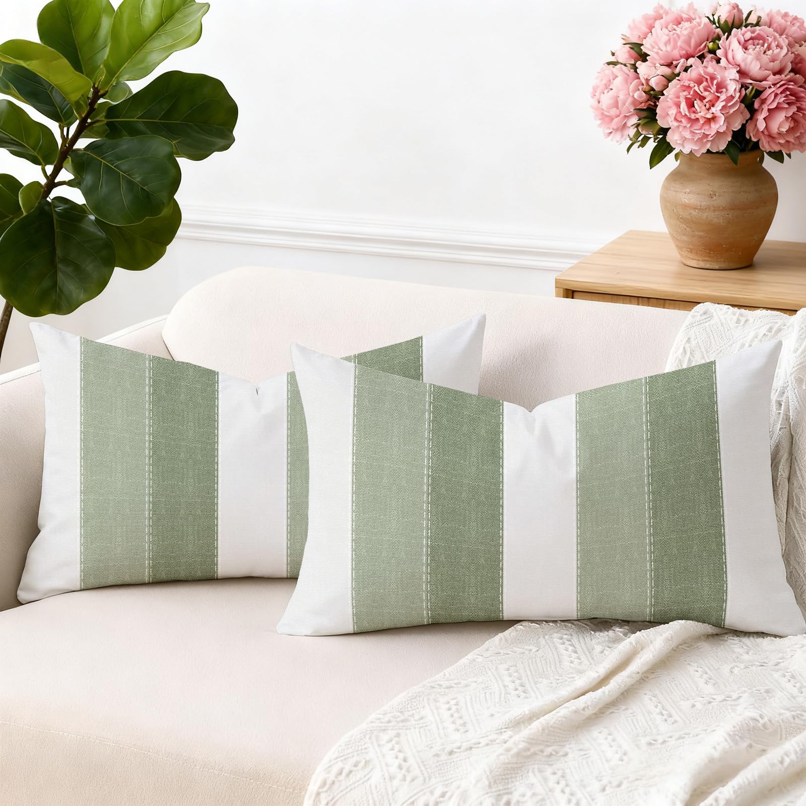 Juego de 2 Rayas Funda de Cojíns Decorativas 30 x 50 Moderna Blanco Funda de Almohada Verde Salvia Lino Cojine Decorativas Retro para Sofá Primavera Verano Exterior Jardin Patio