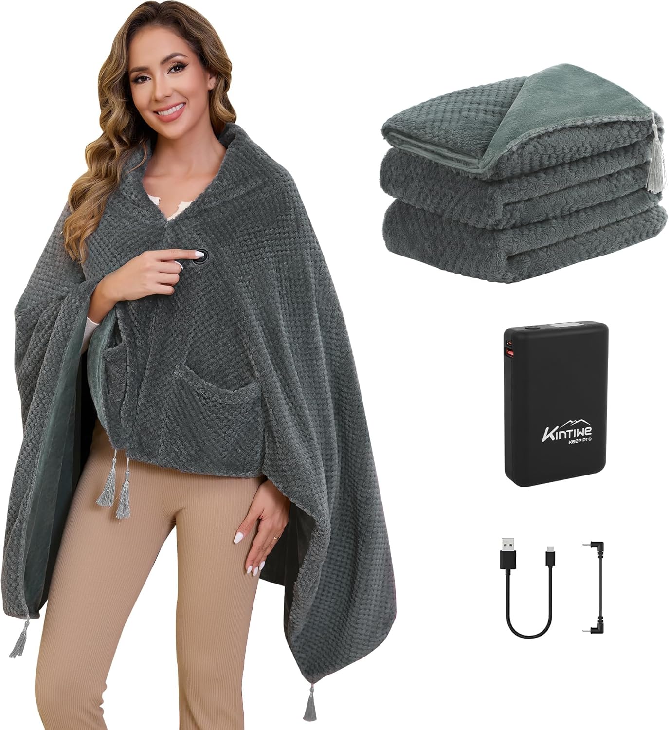 Cordless Heated Throw Blanket Battery Operated, Portable Electric Heated Poncho Shawl with Zipper and Pockets, 4 Heating Areas & 3 Heating Modes,Heating Blanket for neck and Shoulders and Back,Grey