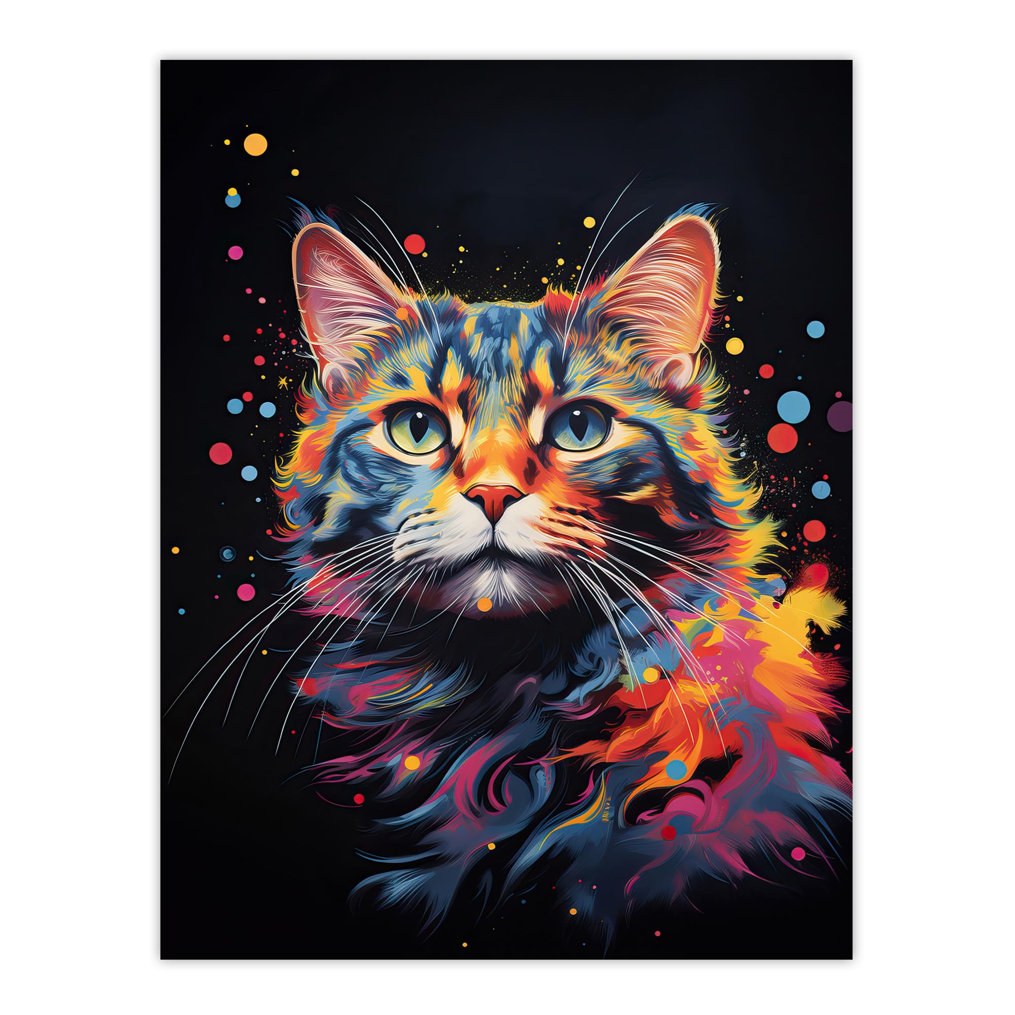 Artery8 Tabby Cat Lover Gift Pet Portrait Blue Pink Orange on Black Artwork Painting Large Wall Art Poster Print Thick Paper 18X24 Inch