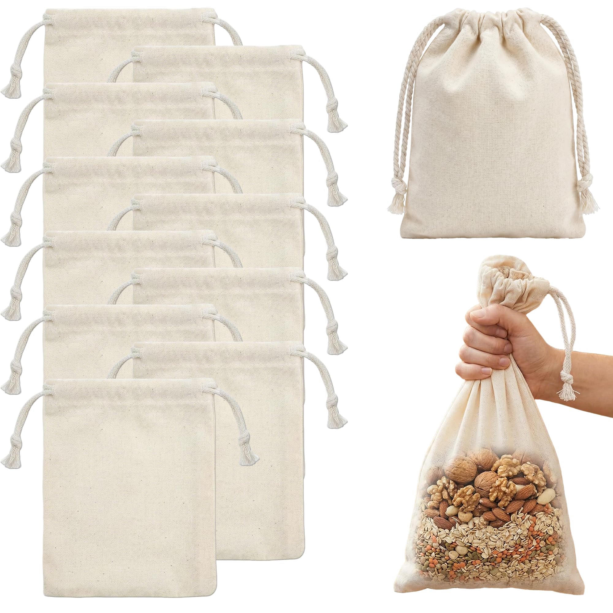 Ousuwo 12Pcs Cotton Drawstring Bags, 9x12 cm Small Muslin Pouches & Reusable Fabric Jewellery Bags for Weddings, DIY Crafts & Party Favours