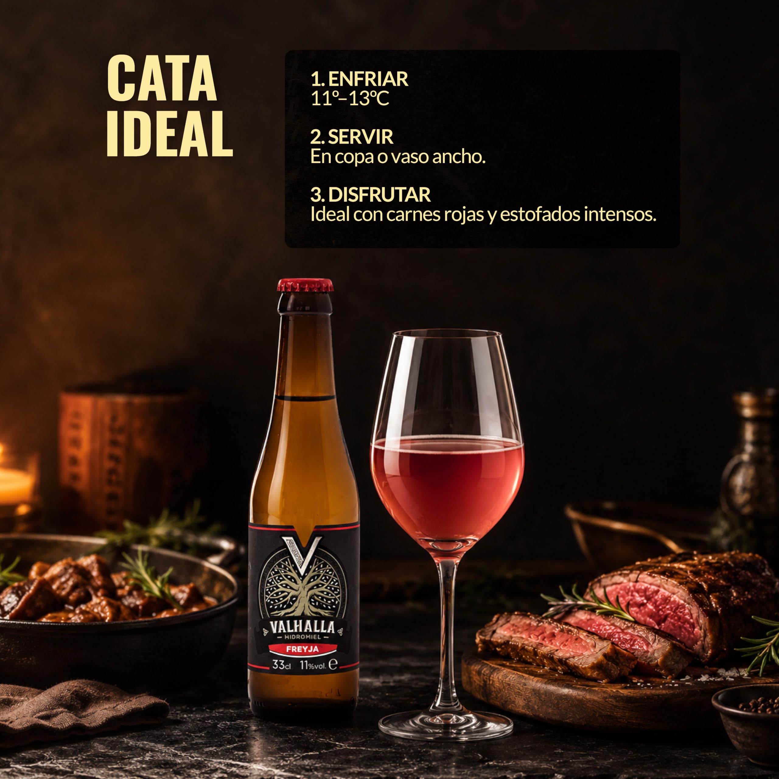 Valhalla Hidromiel Freyja | Cerveza Artesanal Estilo Metheglin Semi Dulce | Bebida Natural con Frutos Rojos del Bosque y Miel | Caja 12 Botellines 33cl | Sin Gluten ni Sulfitos | 11% Grados Alcohol)