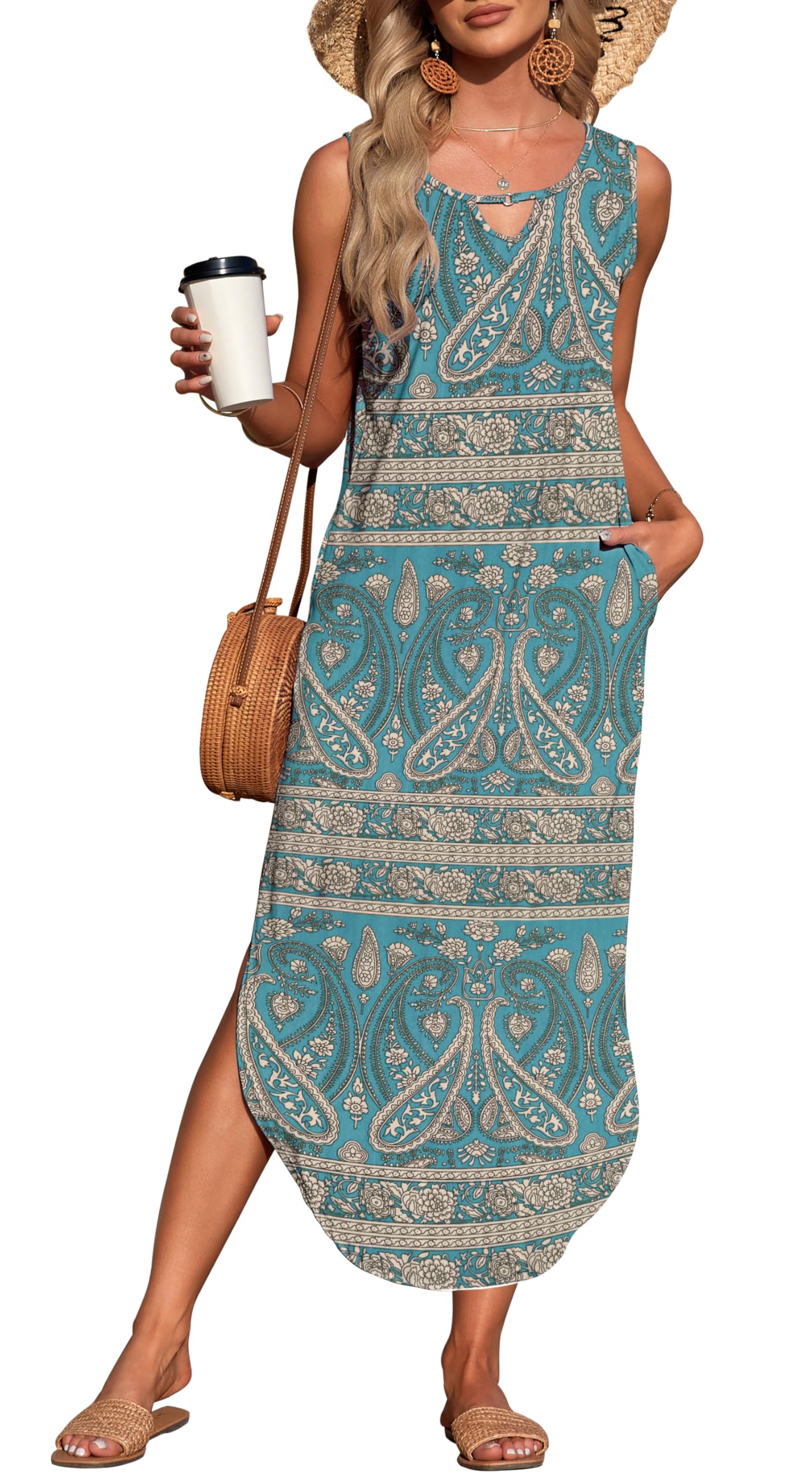 AUSELILY Summer Maxi Dresses for Women UK Sleeveless Halter Loose Beach Ladies Split Dresses with Pockets Boho Floral Green M