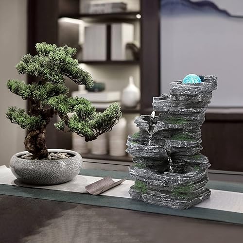 Miniatura 5 de WICHEMI Fuente de agua de mesa, fuente de cascada para interiores, con bola rodante LED, rocas apiladas, función de agua, meditación zen interior