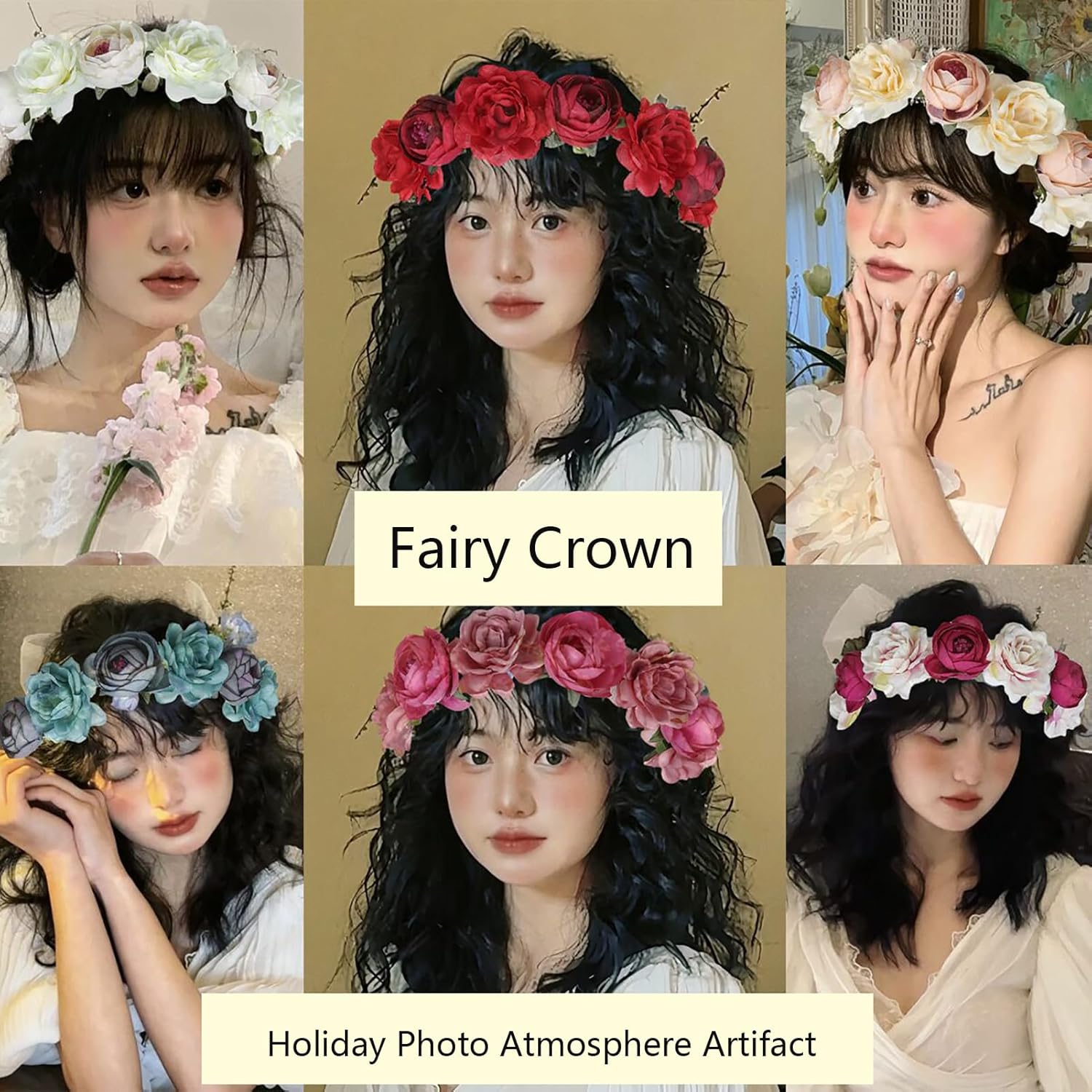 Rose Floral Crown, Hair Wreath Leave Flower Headband with Adjustable Ribbon, Roses Flowers Headwear Fairy Crowns, Flower Crown Rose Headpiece Wedding Bridal Flowers Girl Halo Maternity Photo Props - Image 8