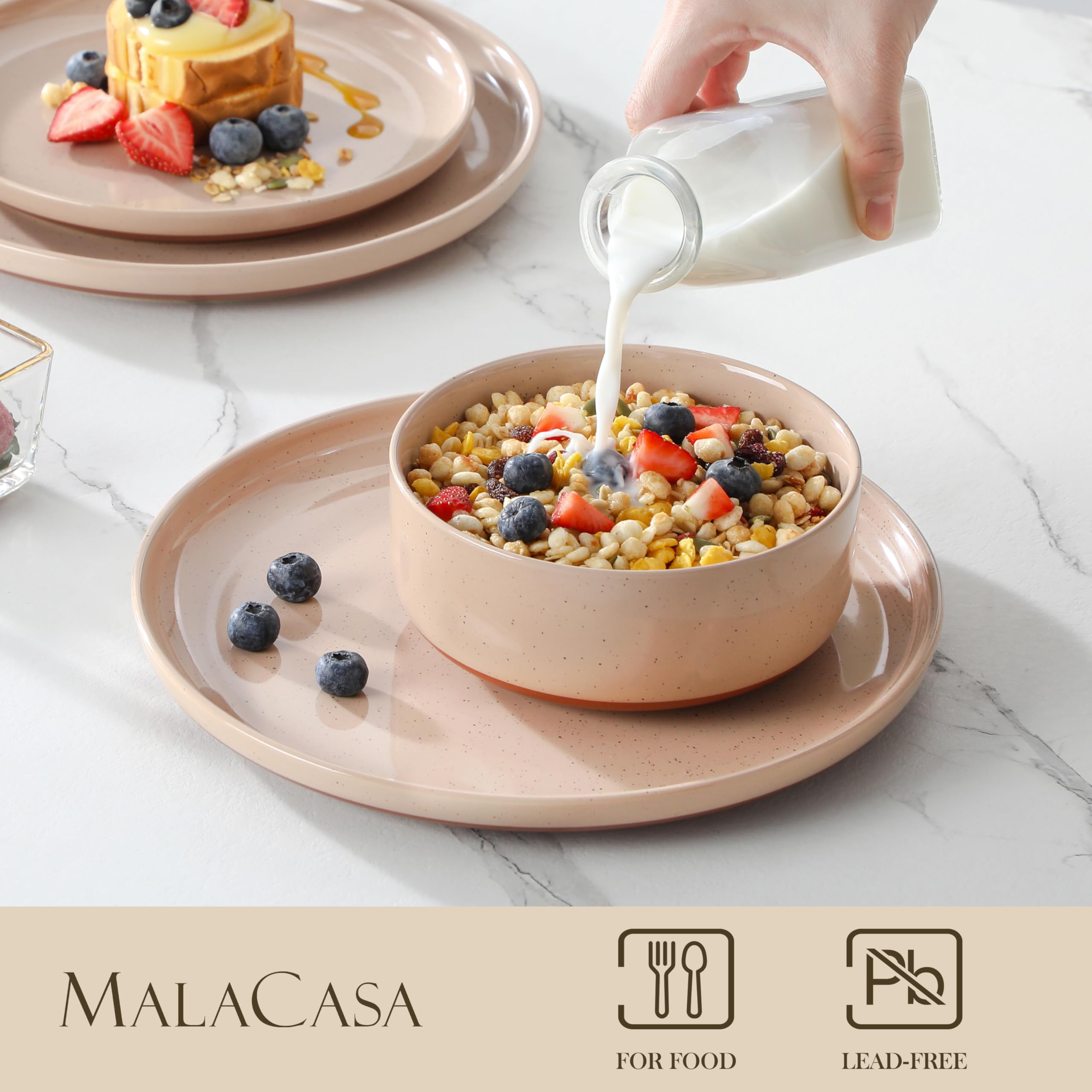 MALACASA Juego de platos y cuencos, juego de vajilla moderna de cerámica de 12 piezas para 4 platos de cocina, juego de vajilla de cerámica, apto para microondas y lavavajillas, rosa, serie TARA
