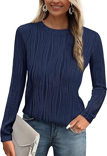 PRETTYGARDEN Long Sleeve Tops for Women 2025 Spring Fall Trendy Business Dressy Casual Shirts Crewneck Textured Blouse