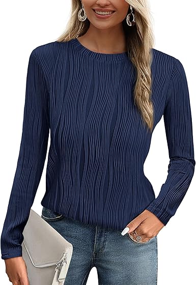 PRETTYGARDEN Long Sleeve Tops for Women 2025 Spring Fall Trendy Business Dressy Casual Shirts Crewneck Textured Blouse